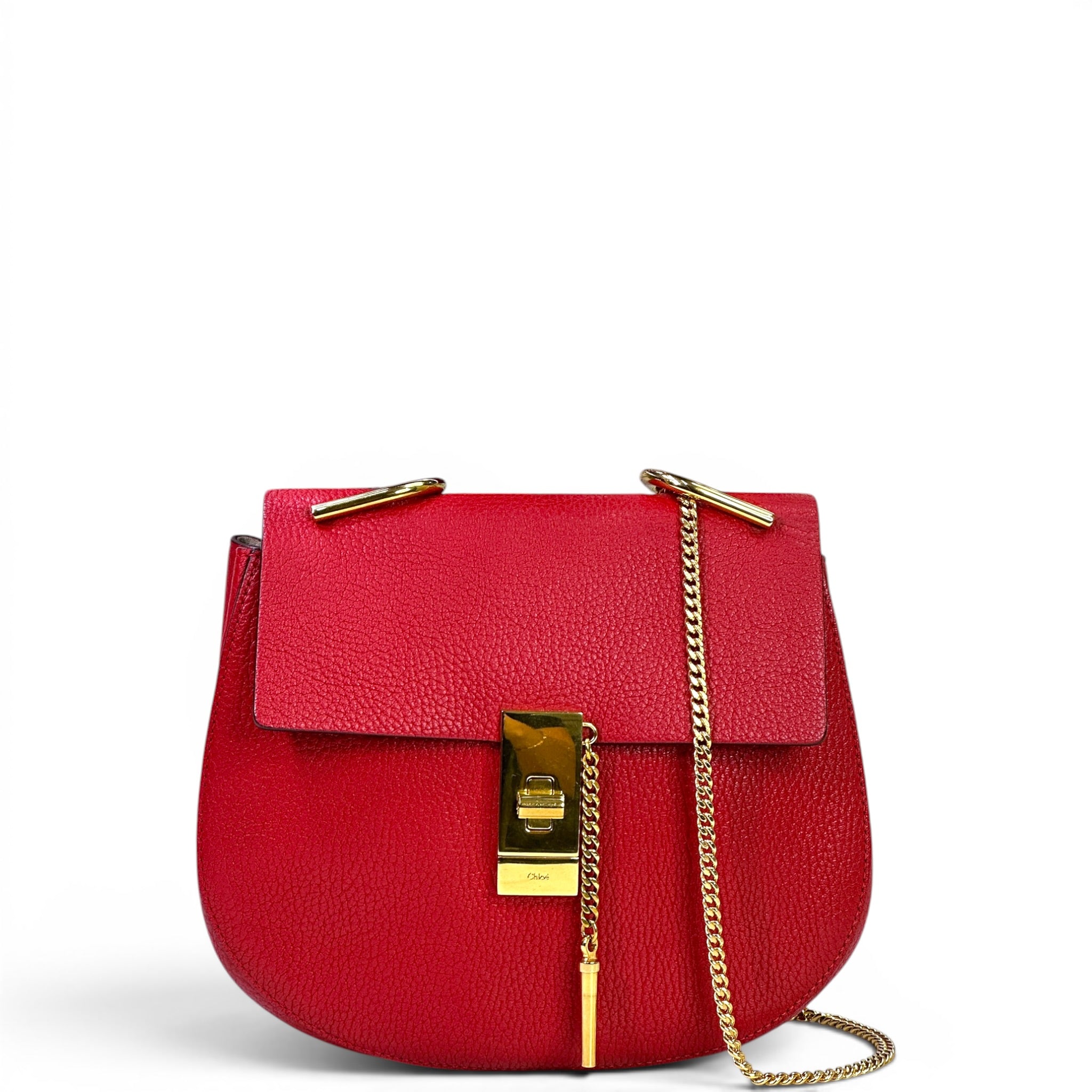 Chloé Drew Chain Shoulder Bag Red Pebbled Leather