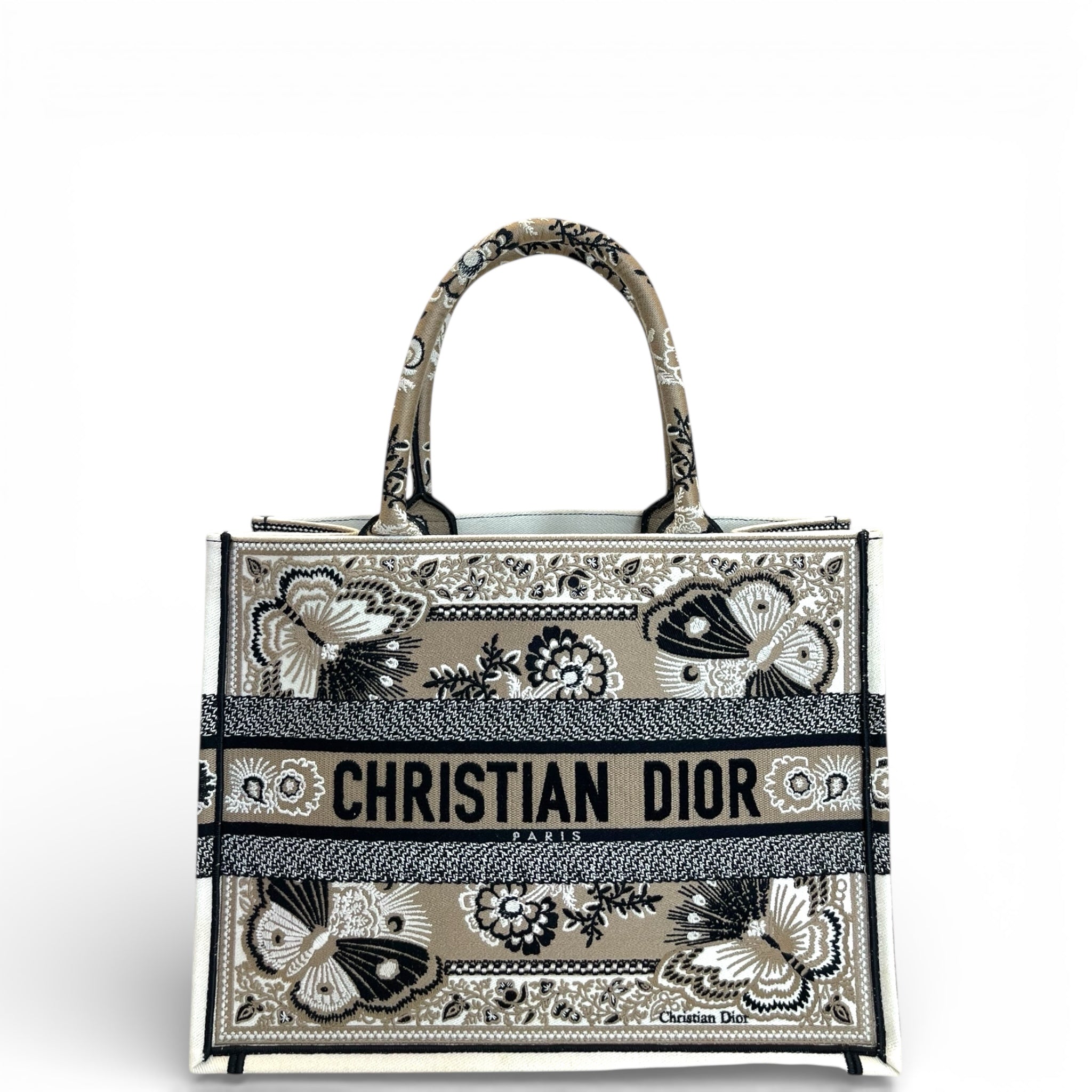 Christian Dior Medium Book Tote Bag Beige Butterfly Bandana Embroidery