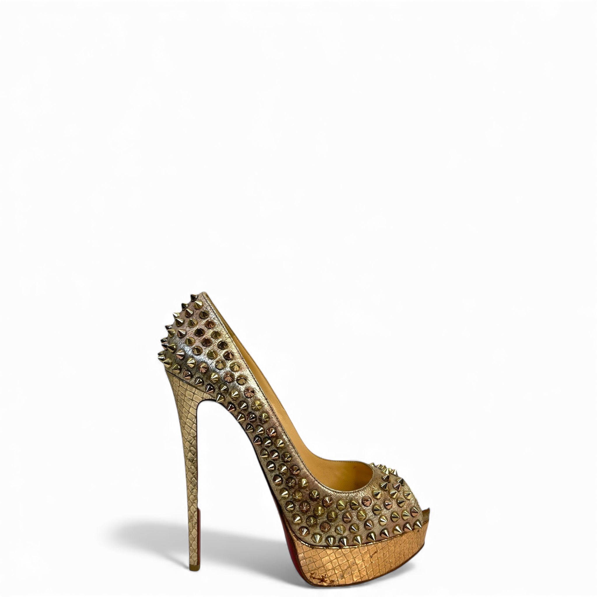 Christian Louboutin Lady Peep Toe Spikes Gold Python Leather Platform Pumps EU 38