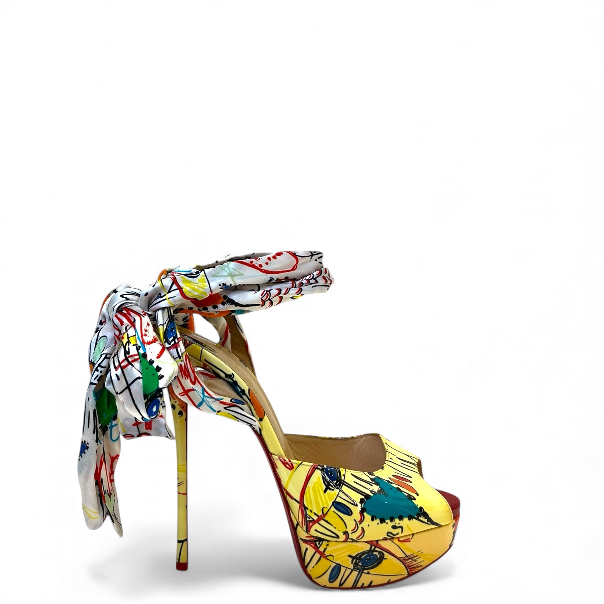 Christian Louboutin Multicolor and Satin Jersey Vamp Graffiti Platform Pumps EU 38.5