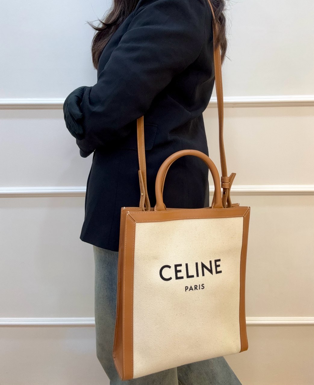 Celine Camel/Off-White Leather and Canvas Vertical Cabas Tote Bag