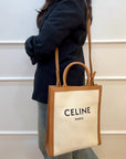 Celine Camel/Off-White Leather and Canvas Vertical Cabas Tote Bag