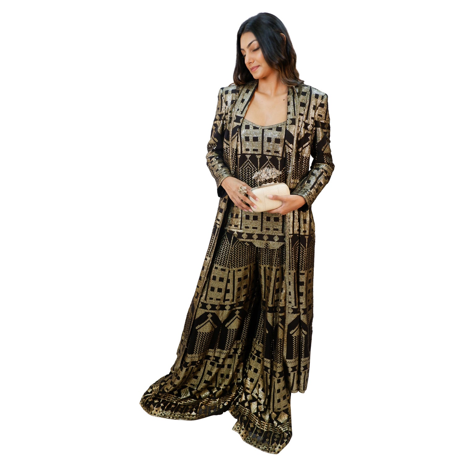 Metallic Sequin Jacket & Slit Pants Suit Set