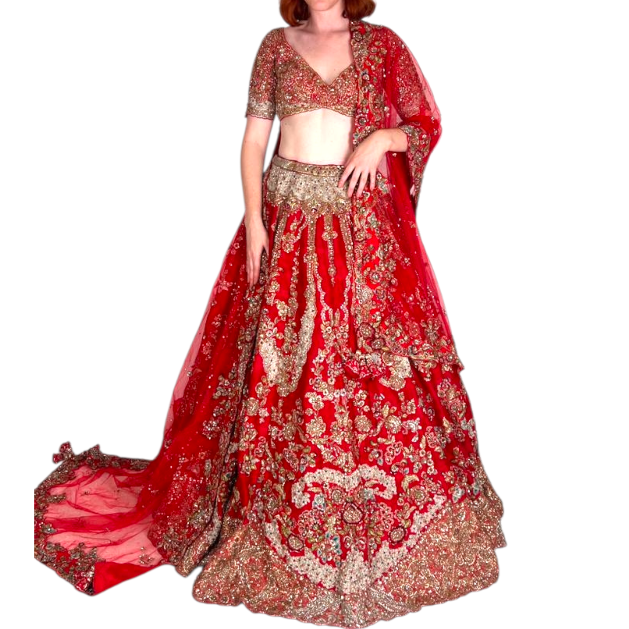 Dolly J AUBRE CRIMSON RAW SILK BRIDAL LEHENGA SET