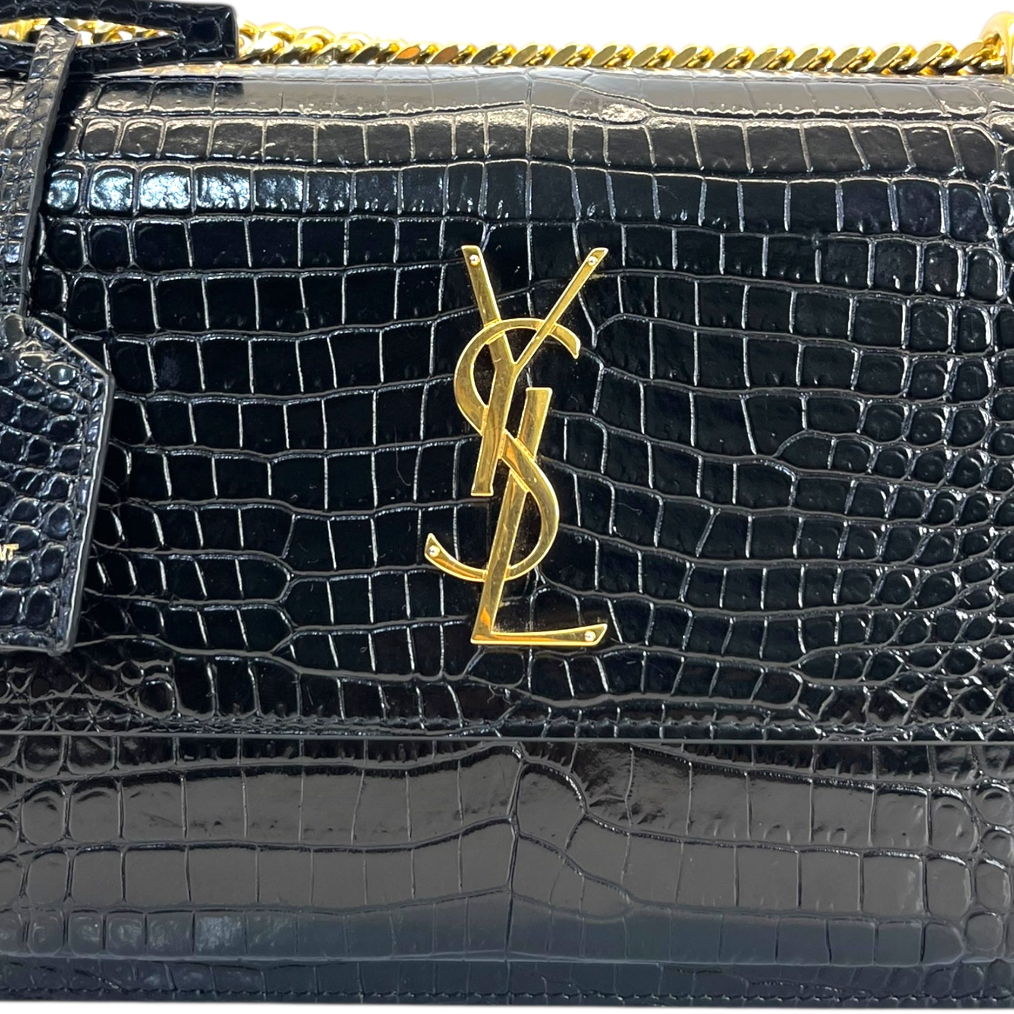 Saint Laurent Medium Sunset Croc-Embossed Black Bag
