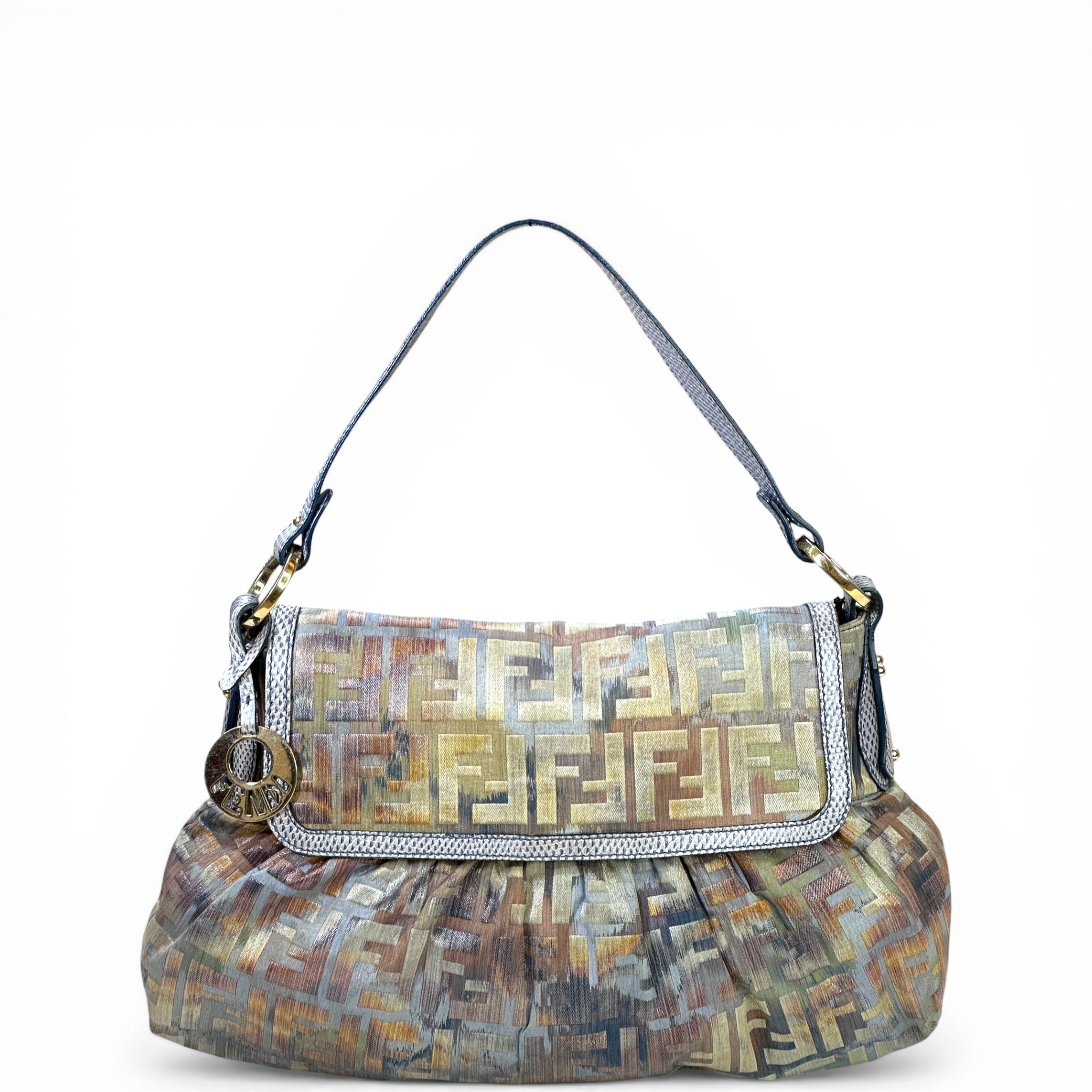 Fendi Chef Shoulder Bag Multicolor Zucca Fabric Lizard Embossed Leather