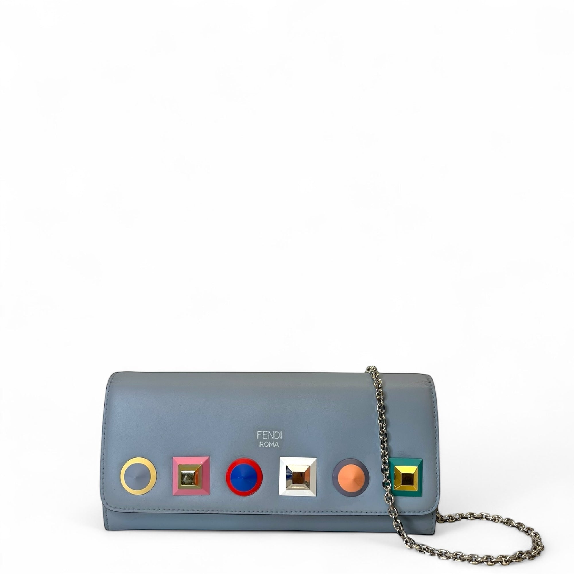 Fendi Grey Leather Studded Wallet On Chain