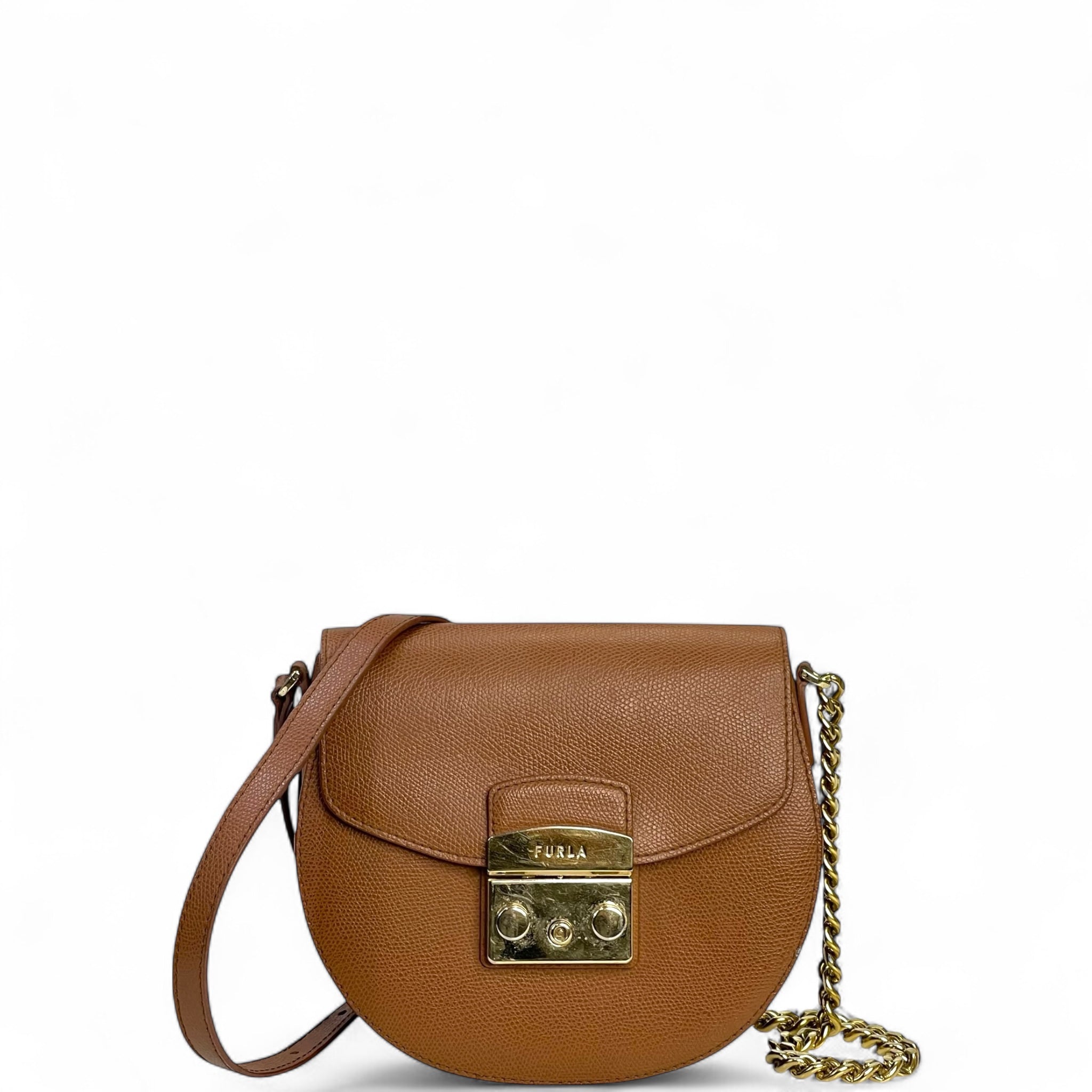 Furla Metropolis Round Crossbody Bag Mini Brown Leather