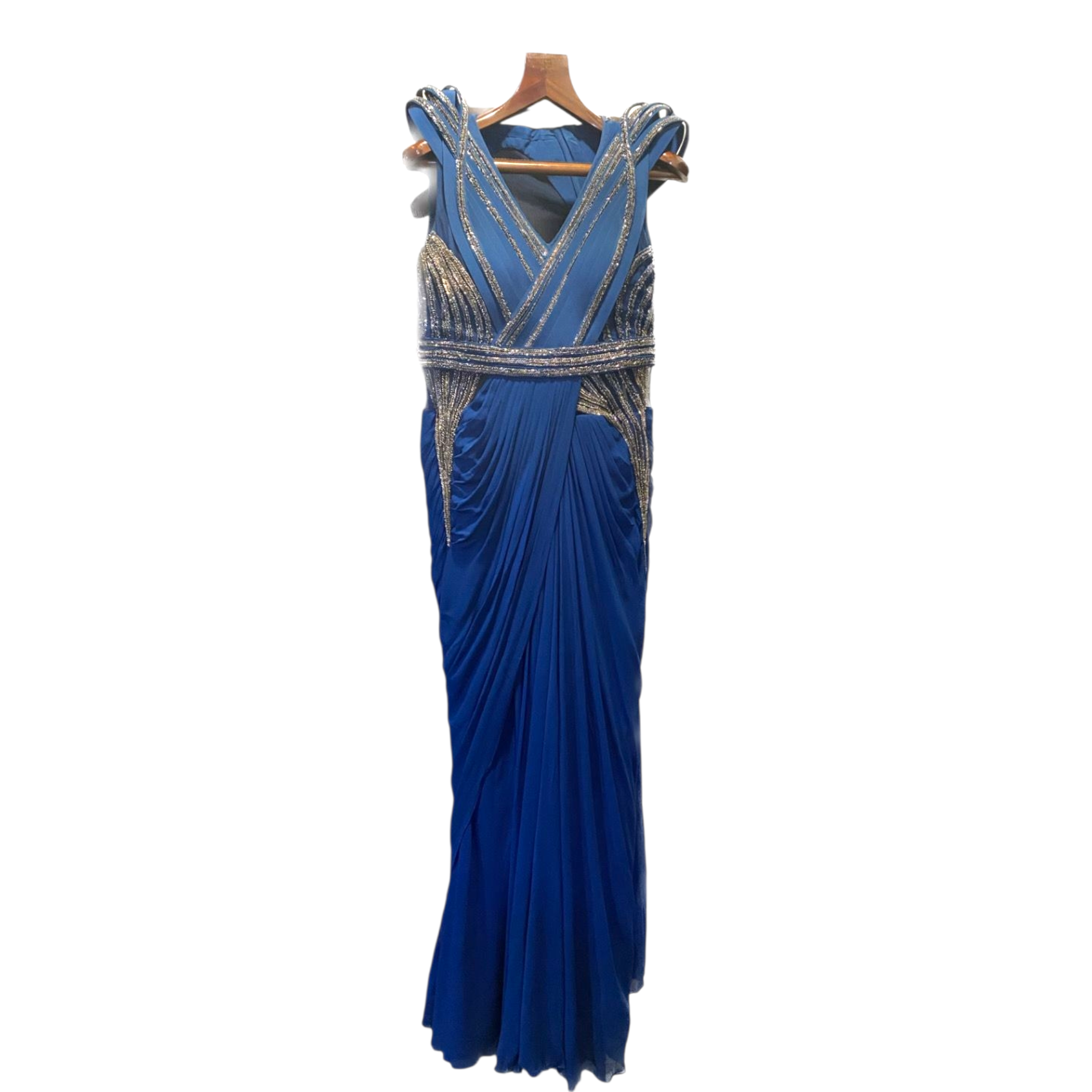Gaurav Gupta Blue Armoured Draped Saree Gown M