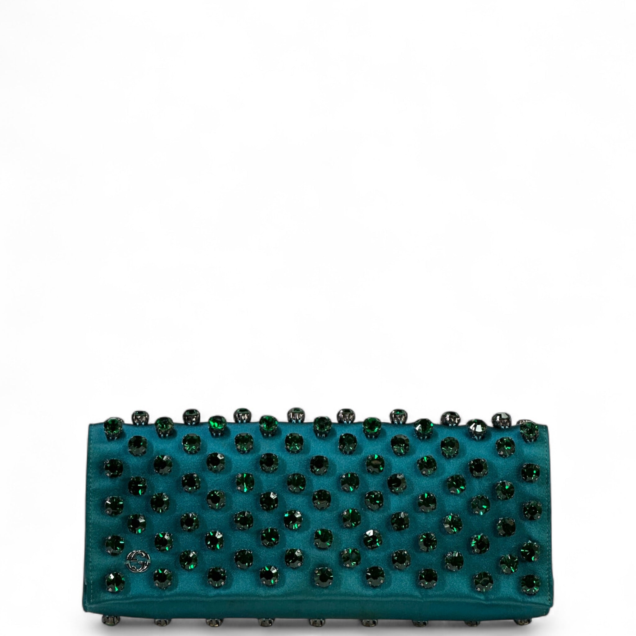 Gucci Broadway Clutch Green Crystal Embellished Teal Satin