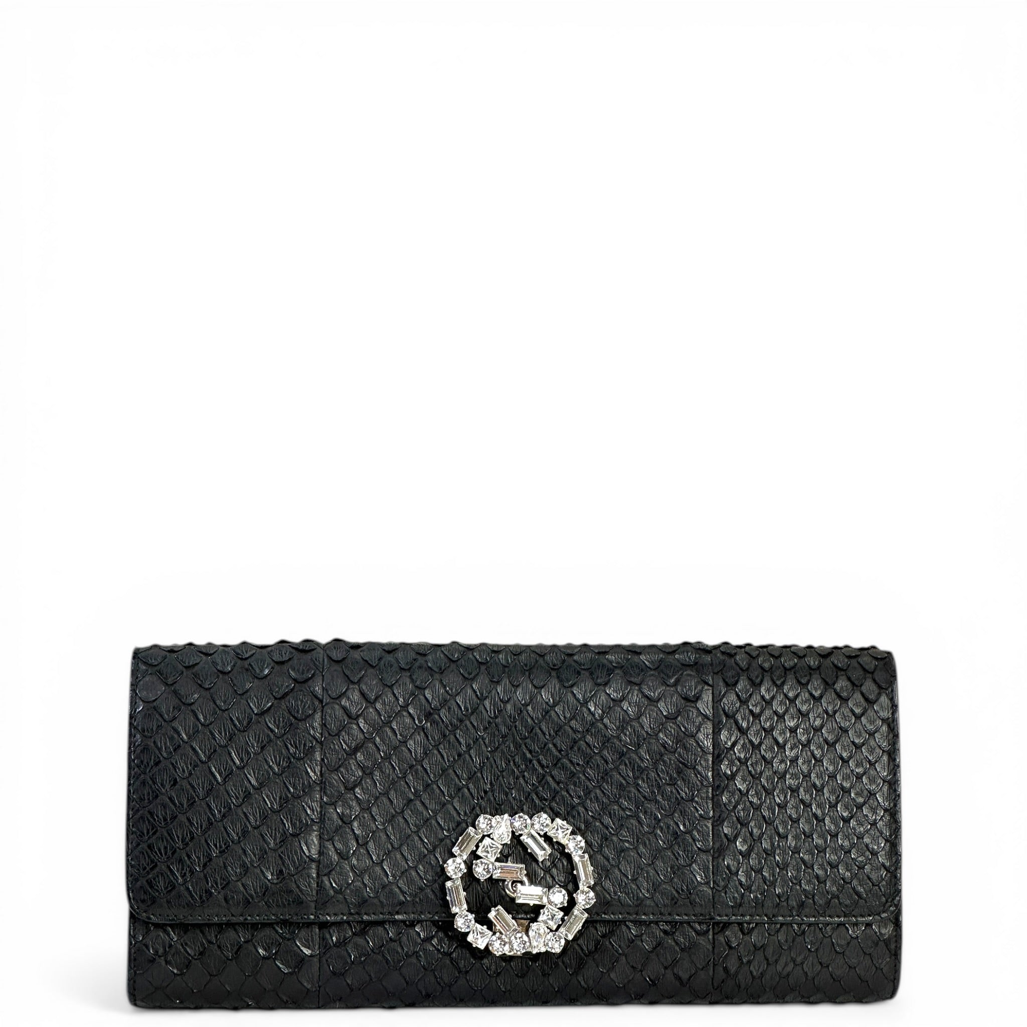 Gucci Broadway Evening Clutch Interlocking G Crystal Black Python Leather