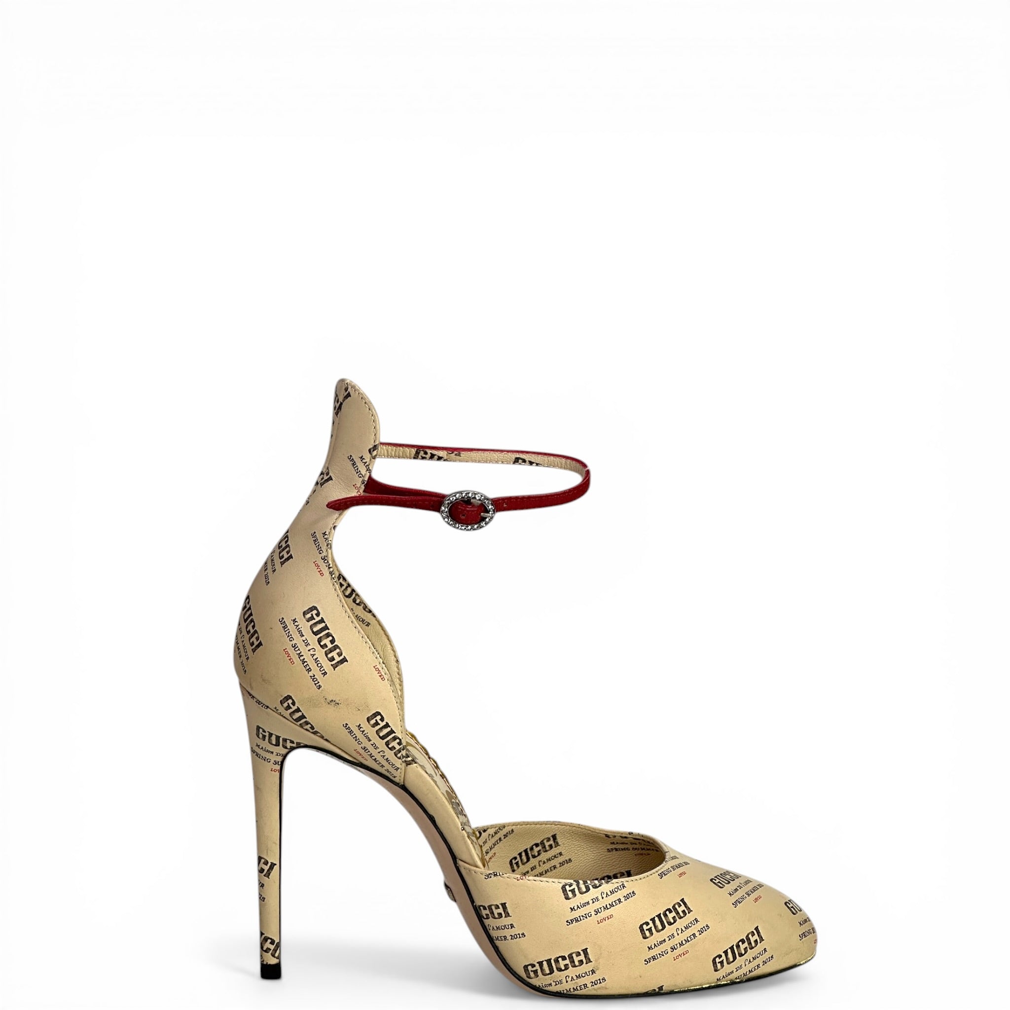 Gucci Daisy Ankle Strap D'orsay Pumps Beige/Red Printed Leather EU 36.5