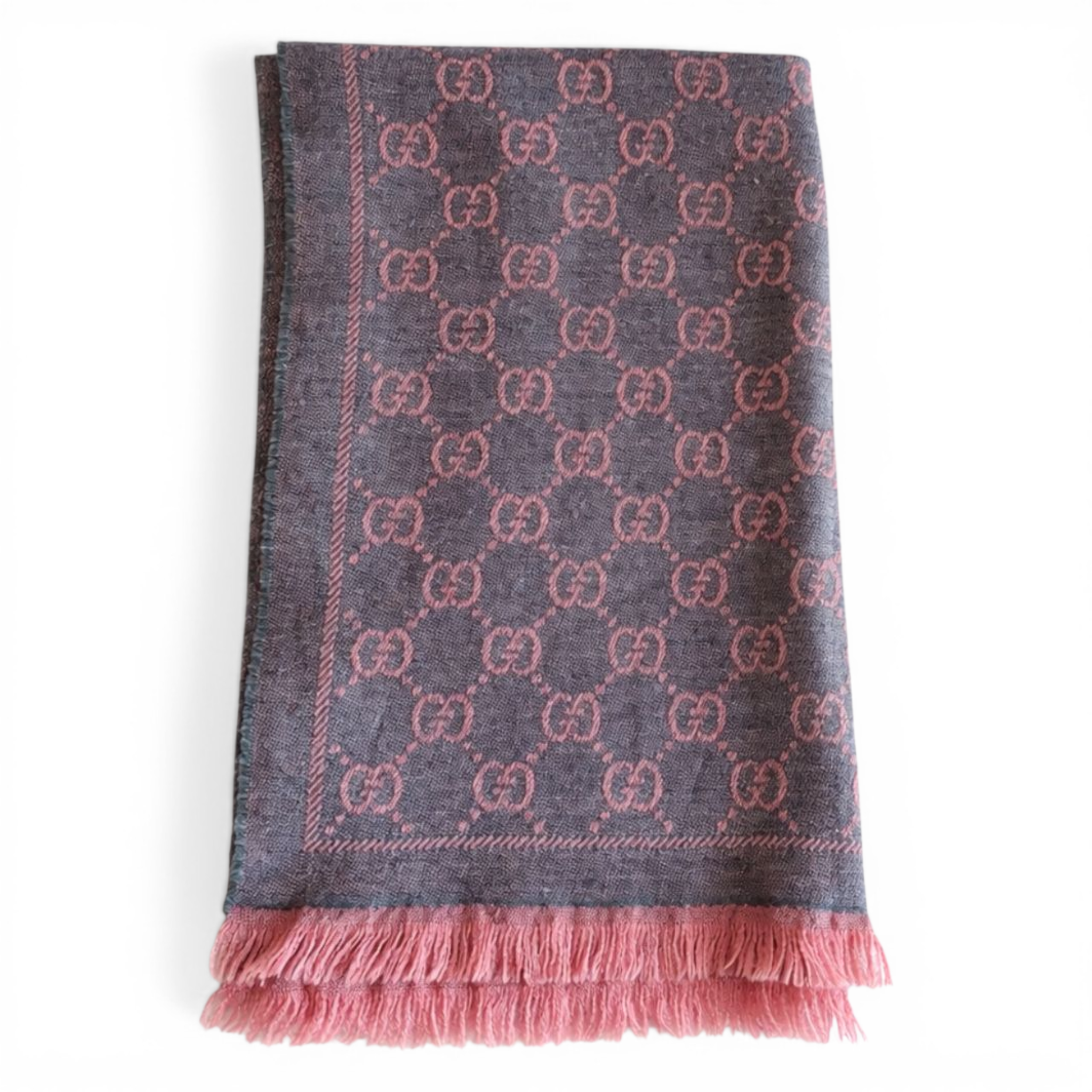 Gucci GG Graphite Scarf Pink Grey Wool and Silk Blend