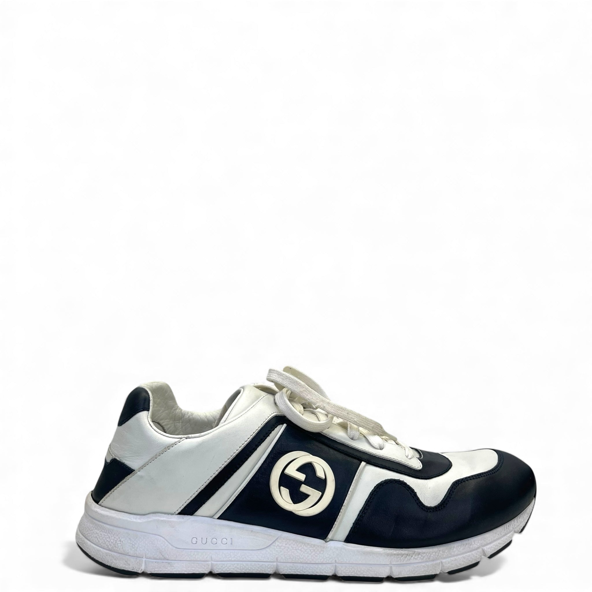 Gucci Interlocking GG Lace Up Low Top Sneakers Black/White Leather EU 45