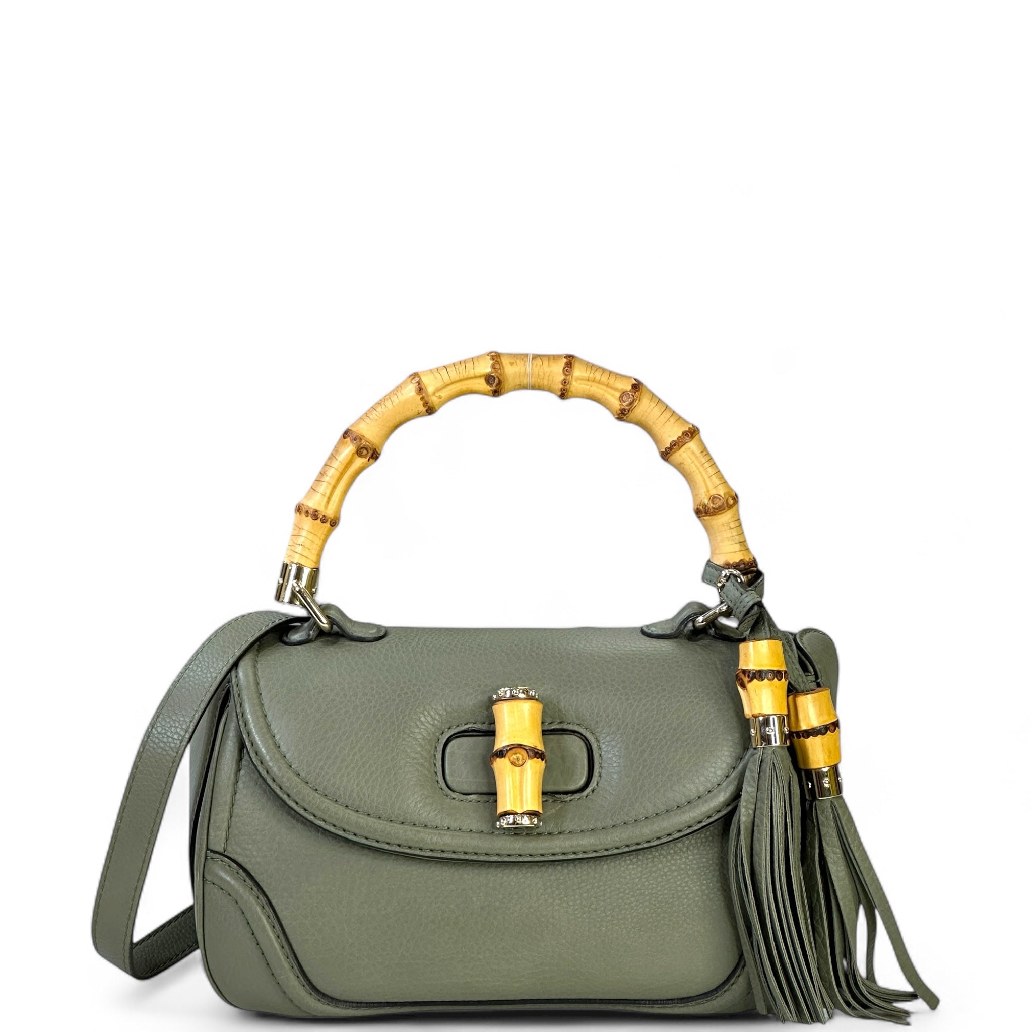 Gucci New Bamboo Tassel Top Handle Bag Sage Green Pebbled Leather