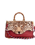 Red Quilted Leather Bamboo Leopard Top Handle Bag