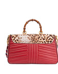Red Quilted Leather Bamboo Leopard Top Handle Bag