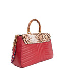 Red Quilted Leather Bamboo Leopard Top Handle Bag