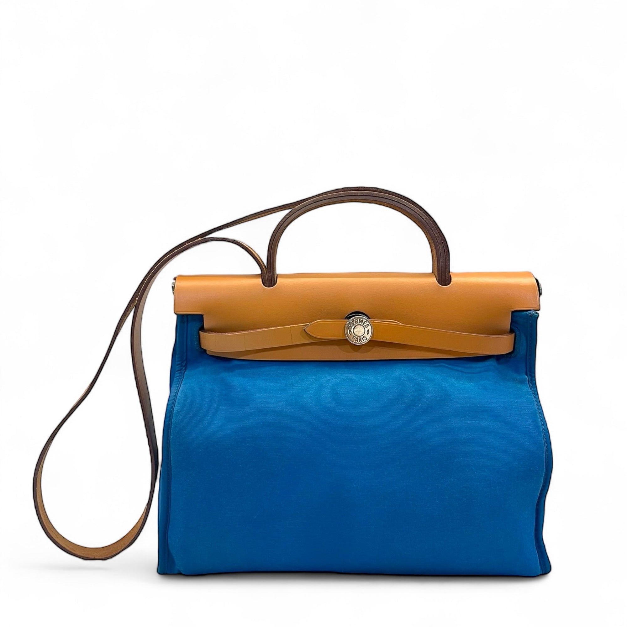 Hermes Blue/Brown Canvas and Leather Herbag Zip Bag