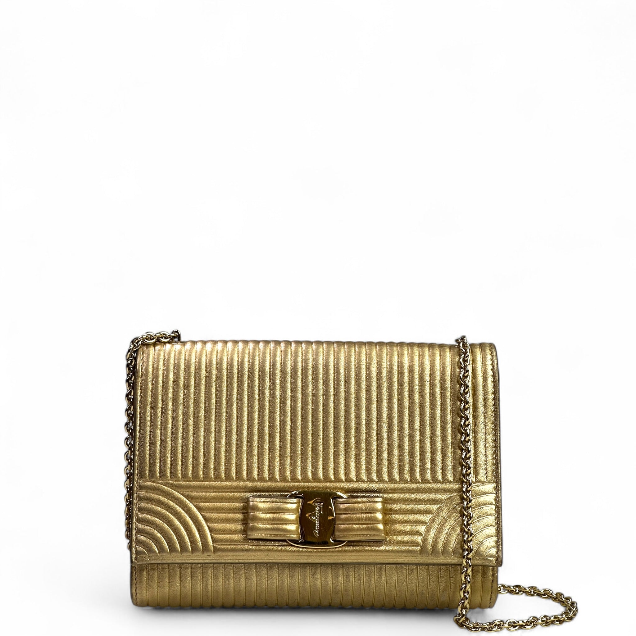 Salvatore Ferragamo Vara Bow Clutch Gold Leather