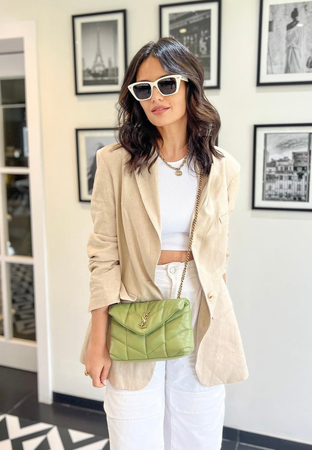 Saint Laurent Olive Puffer Leather Medium Loulou Shoulder Bag