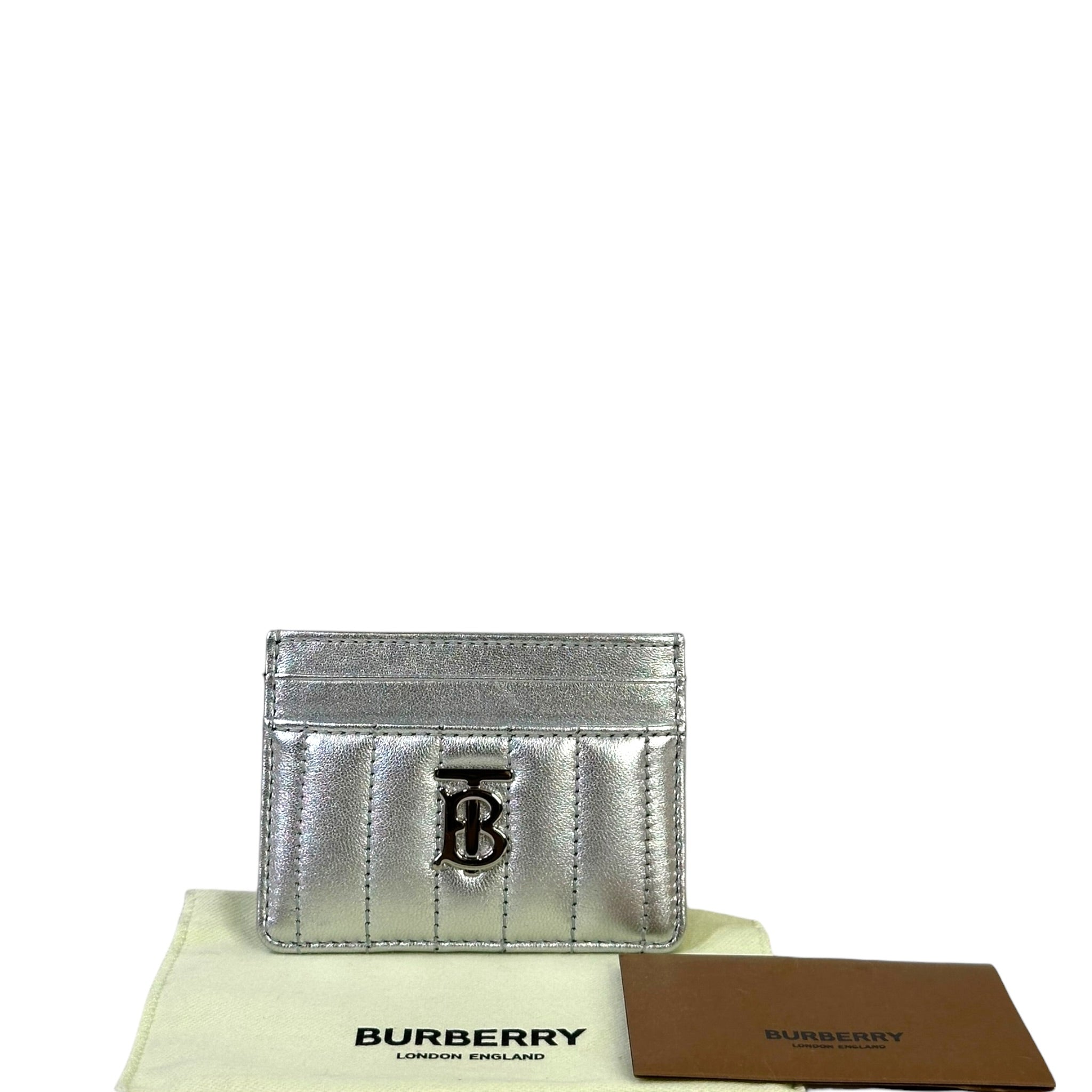 Burberry Lola Card Case Silver Metallic Quilted Leather