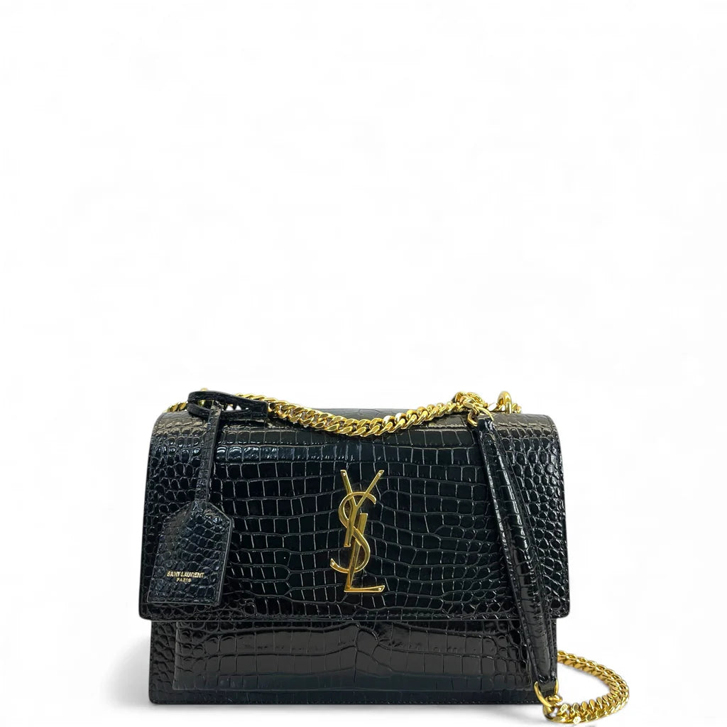 Saint Laurent Sunset Small Black Crocodile-Embossed Leather