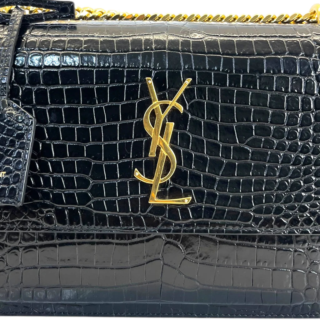 Saint Laurent Sunset Small Black Crocodile-Embossed Leather