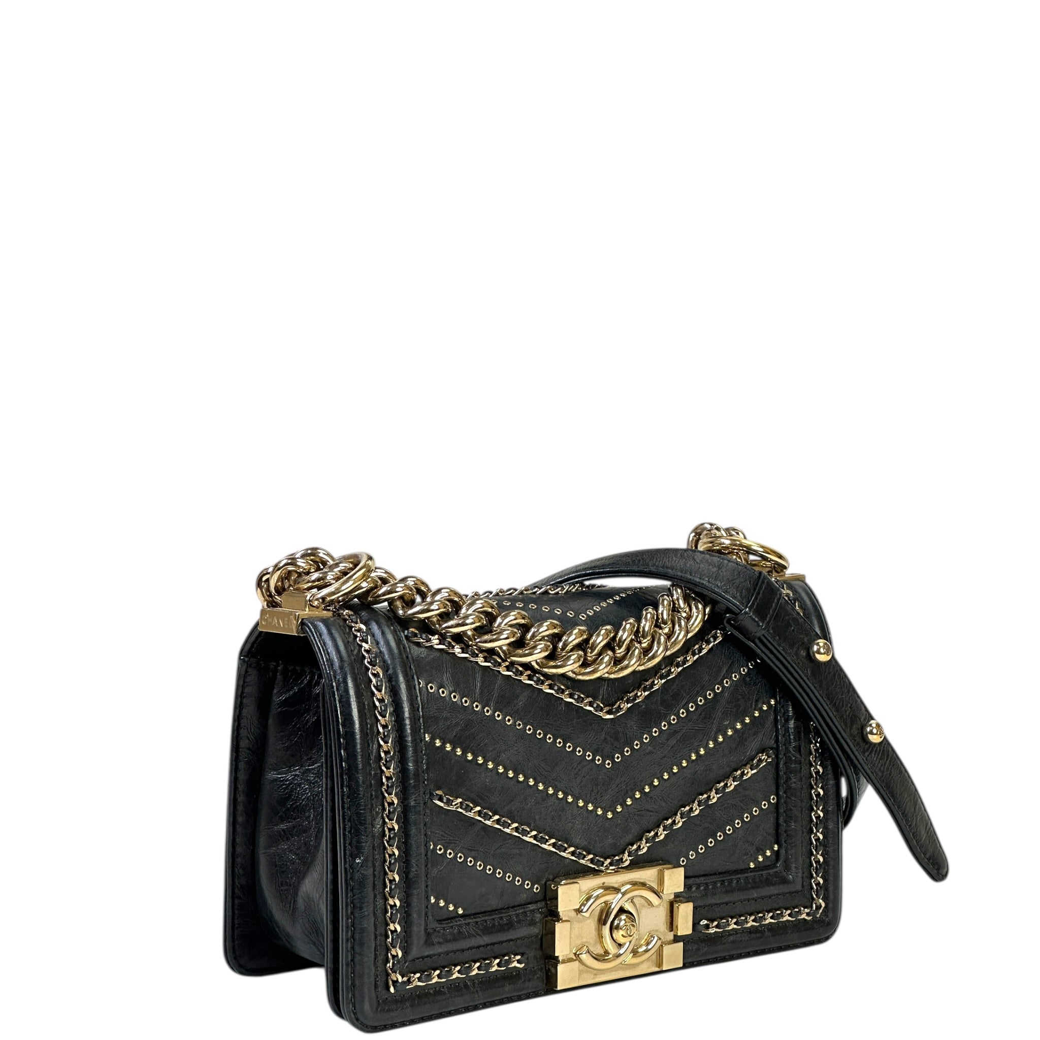 Chanel Boy Bag Small Chevron Chain Black Crumpled Calfskin