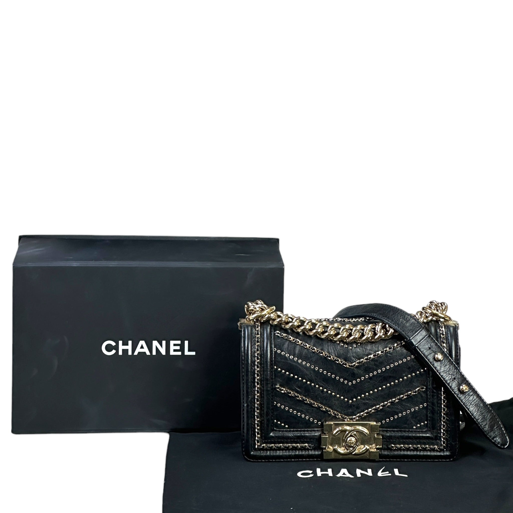 Chanel Boy Bag Small Chevron Chain Black Crumpled Calfskin