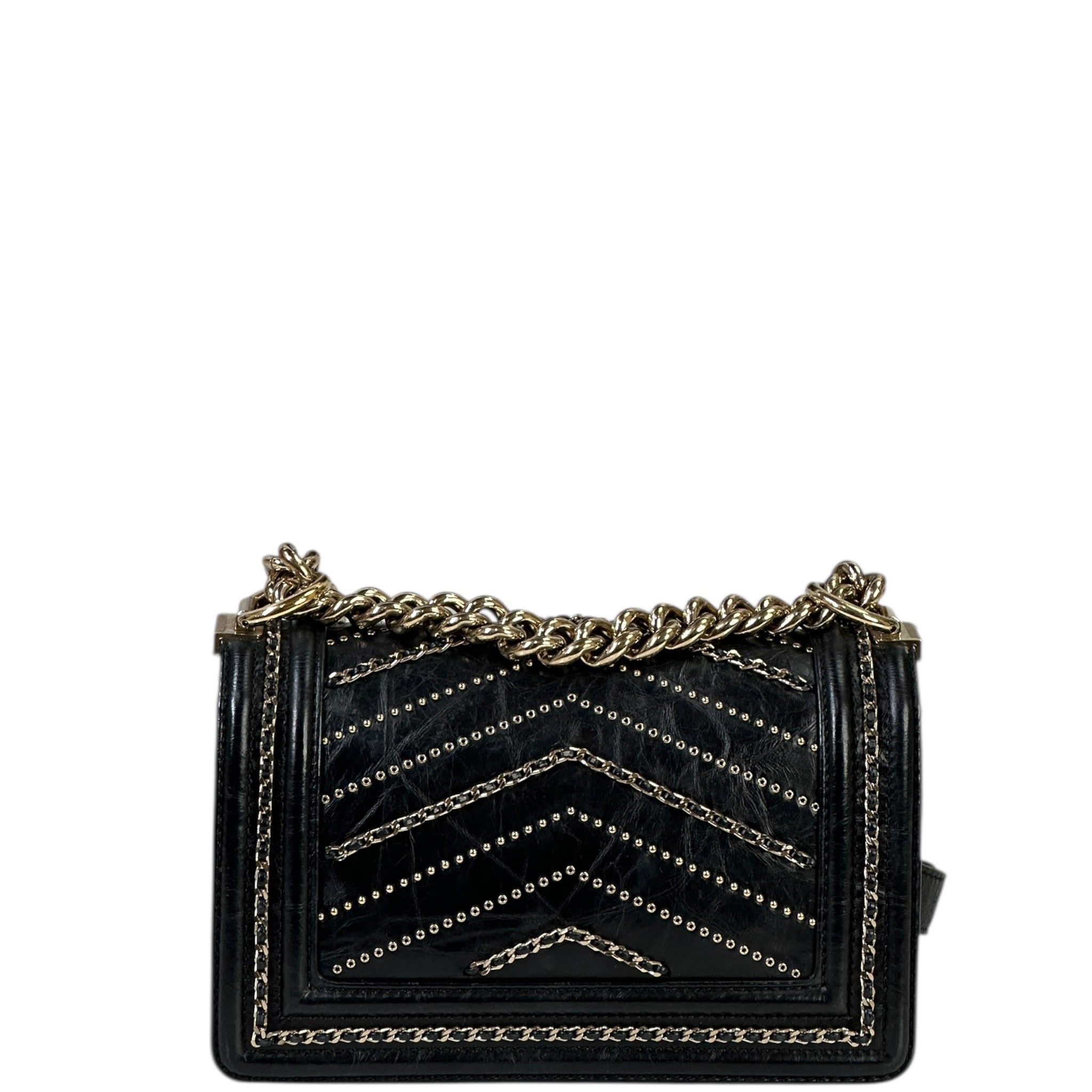 Chanel Boy Bag Small Chevron Chain Black Crumpled Calfskin