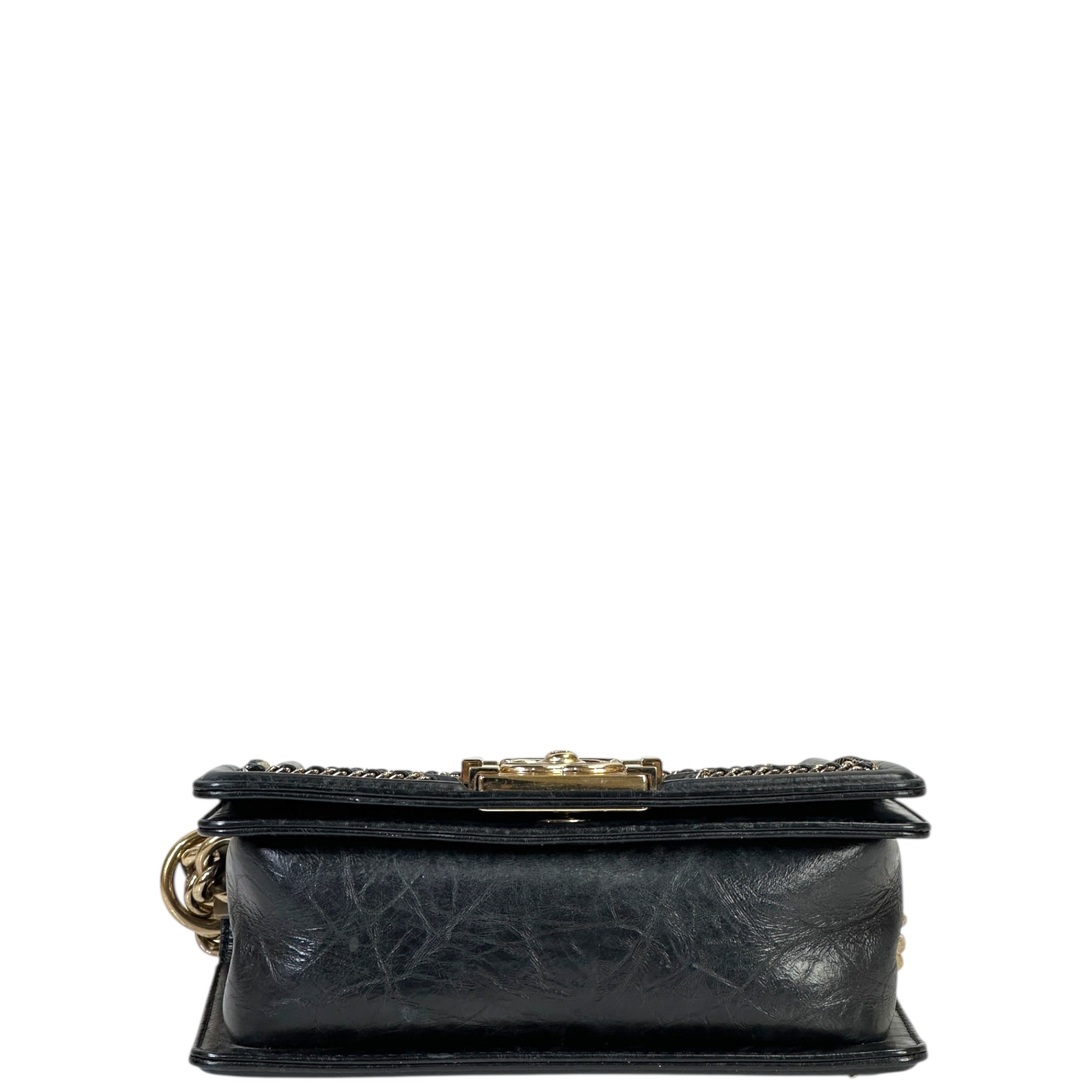 Chanel Boy Bag Small Chevron Chain Black Crumpled Calfskin