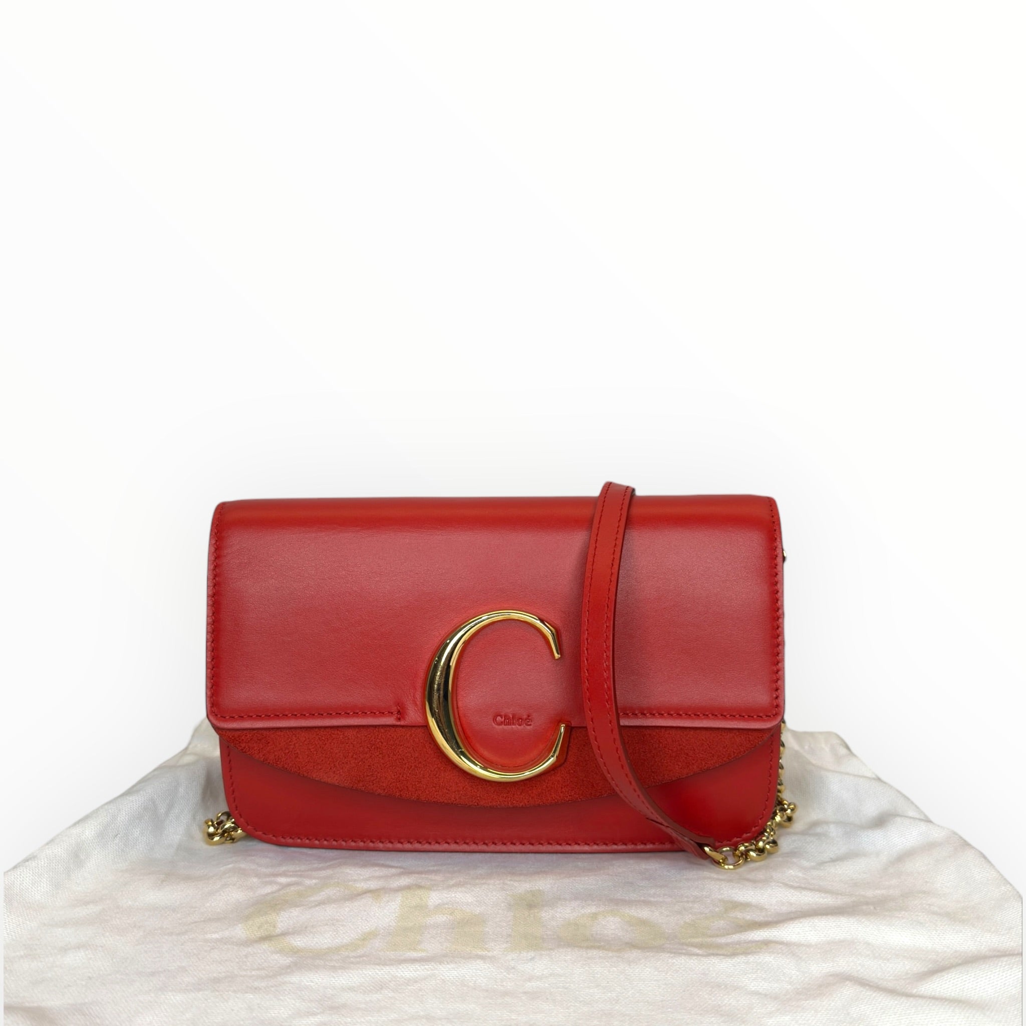 Chloé C Chain Shoulder Bag Red Suede-trimmed Leather
