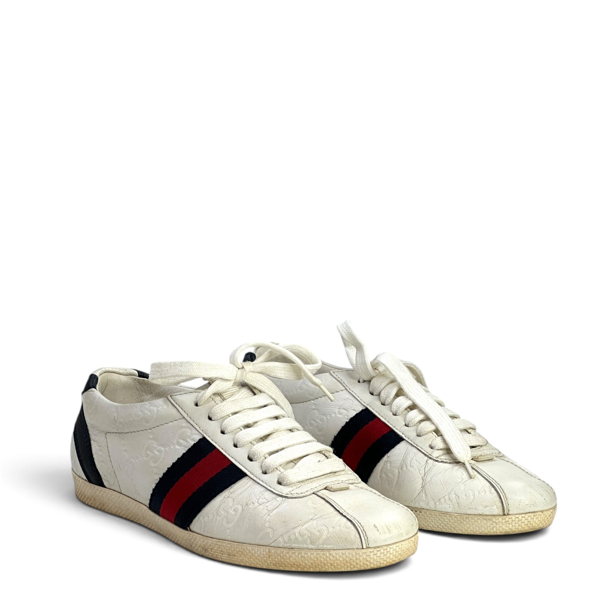 Gucci White Leather Web Detail Ace Low Top Sneakers