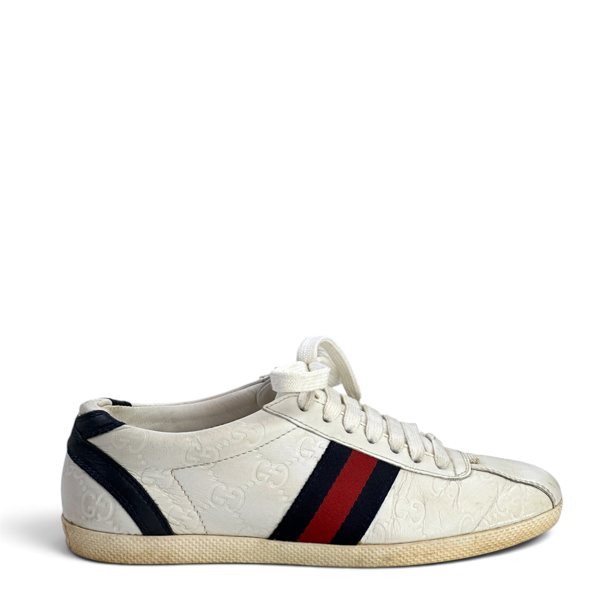 Gucci White Leather Web Detail Ace Low Top Sneakers