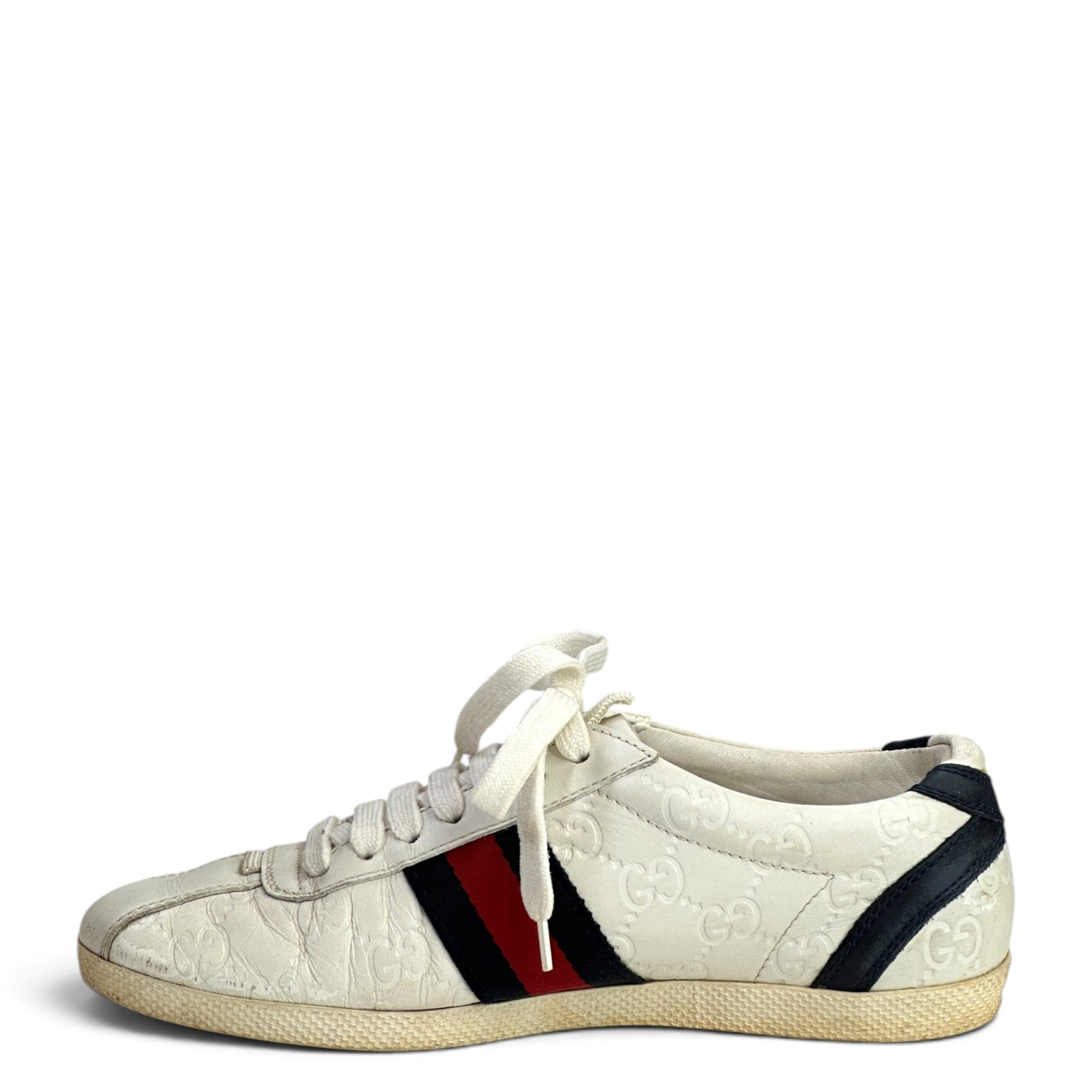 Gucci White Leather Web Detail Ace Low Top Sneakers