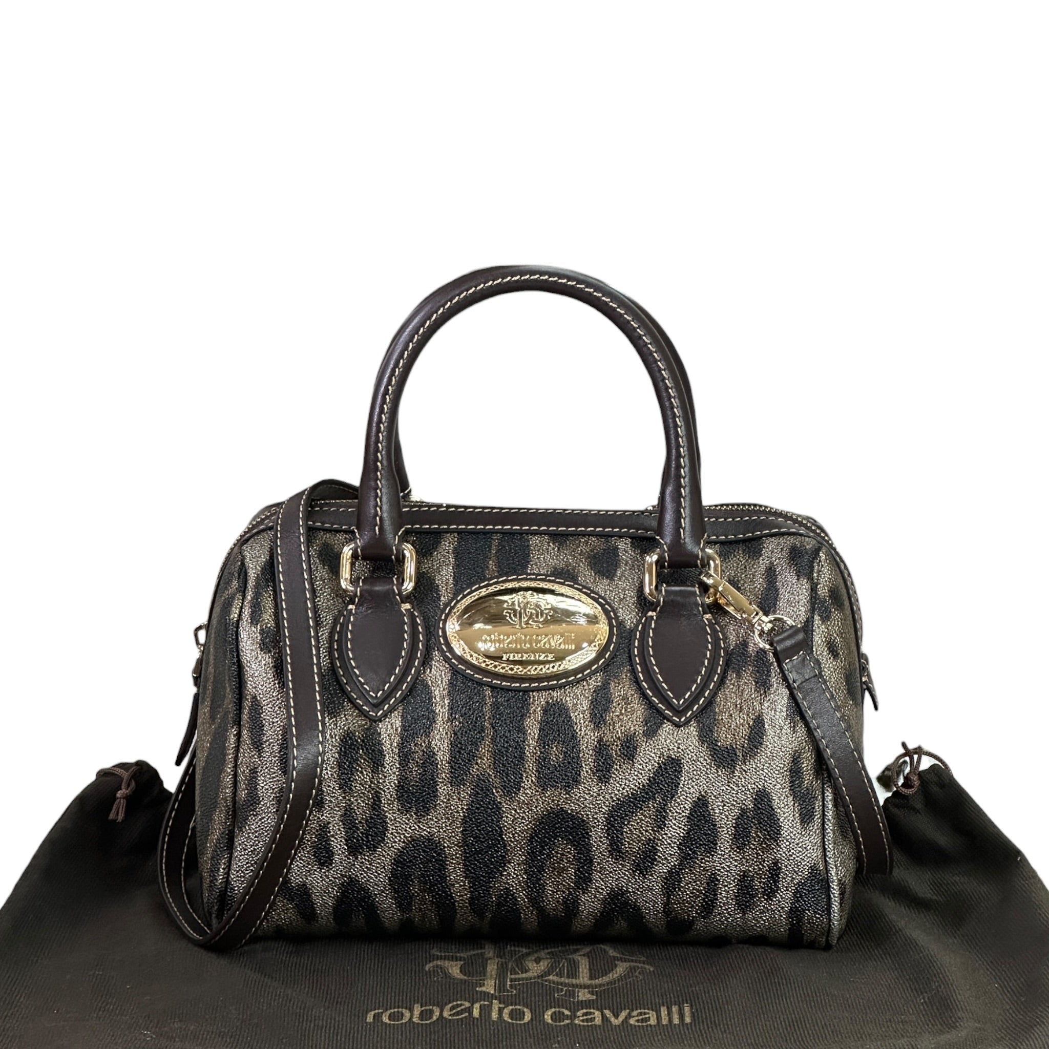 Roberto Cavalli Boston Bag Brown Leopard Print Leather