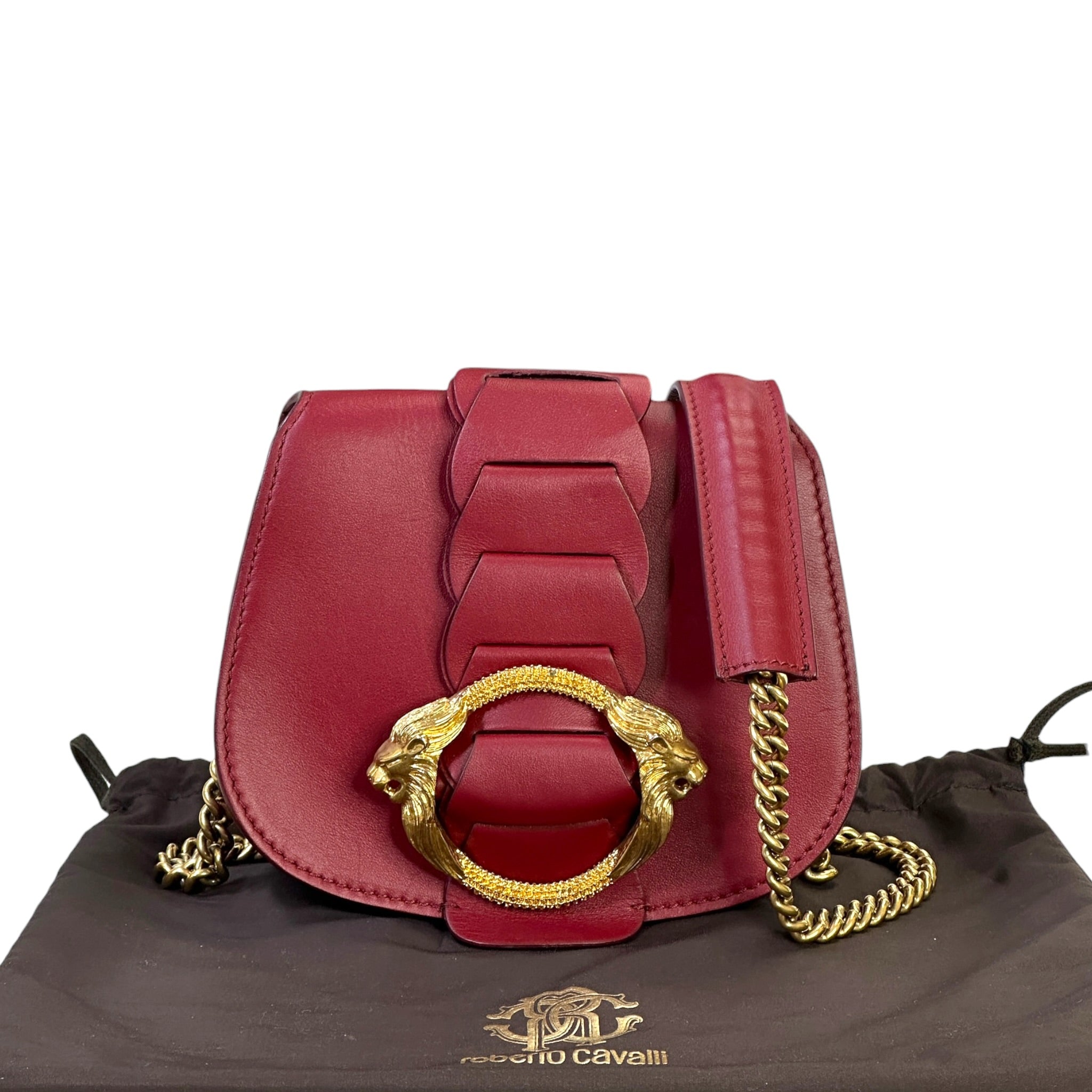 Roberto Cavalli Lion Head Shoulder Bag Red Leather