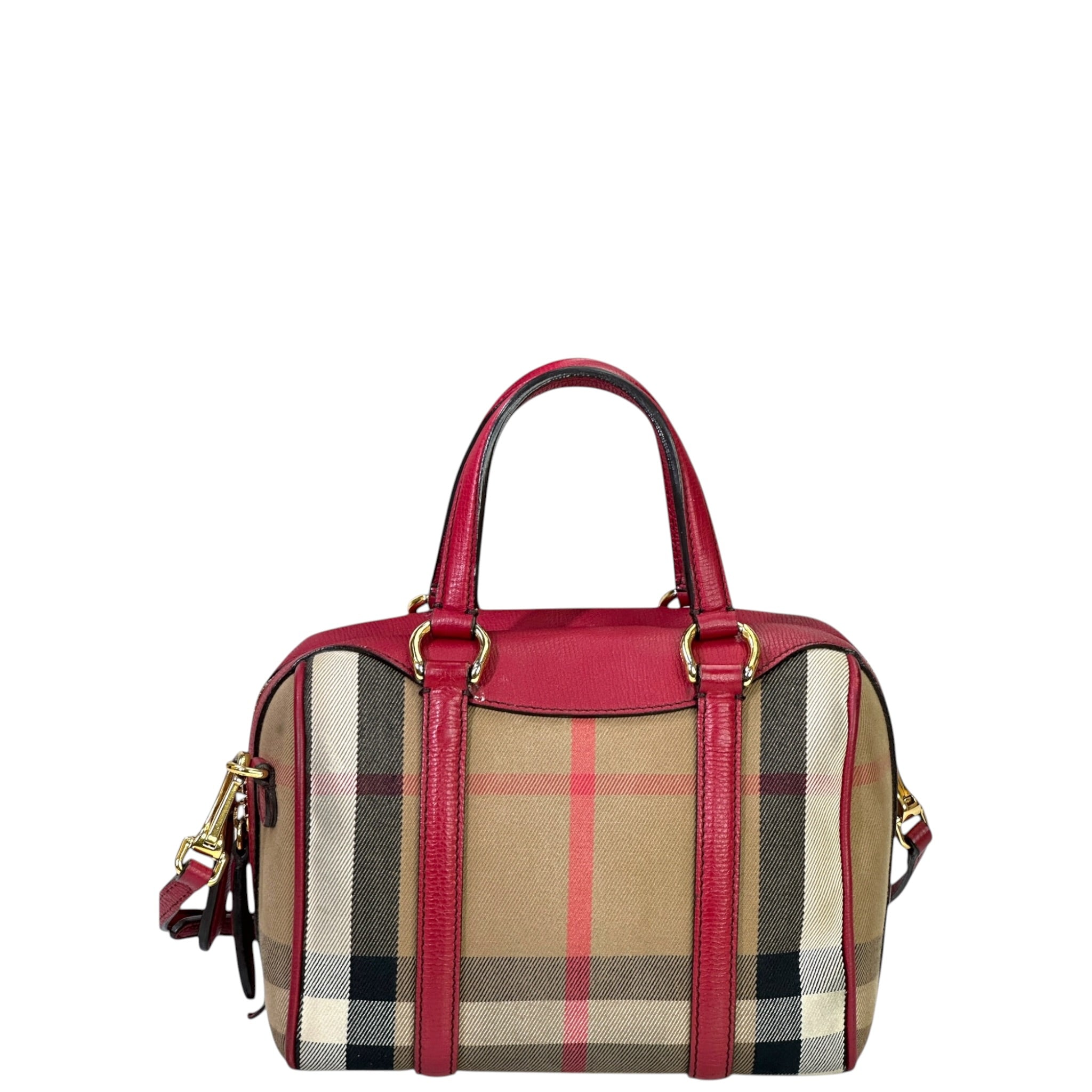 Burberry Alchester Bowling Bag Small Haymarket Check Red Leather Trim