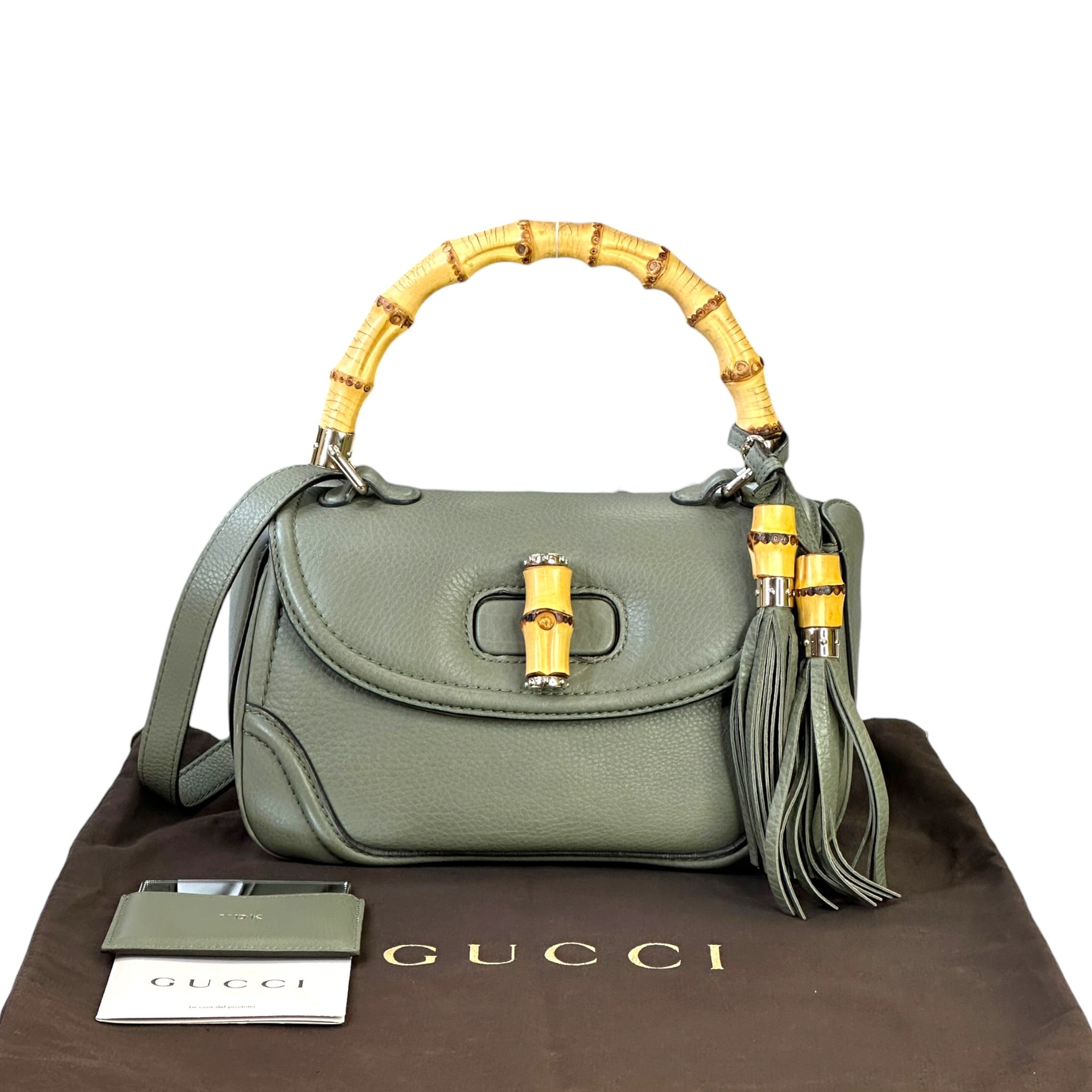 Gucci New Bamboo Tassel Top Handle Bag Sage Green Pebbled Leather