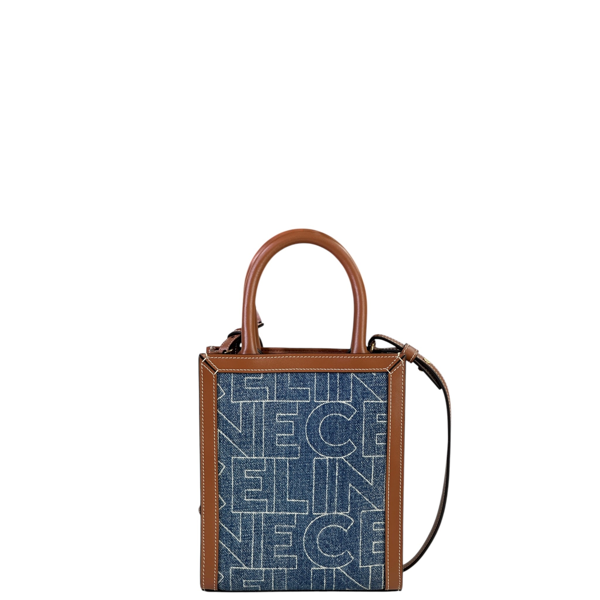 Celine Mini Vertical Cabas Bag Printed Denim Brown Leather
