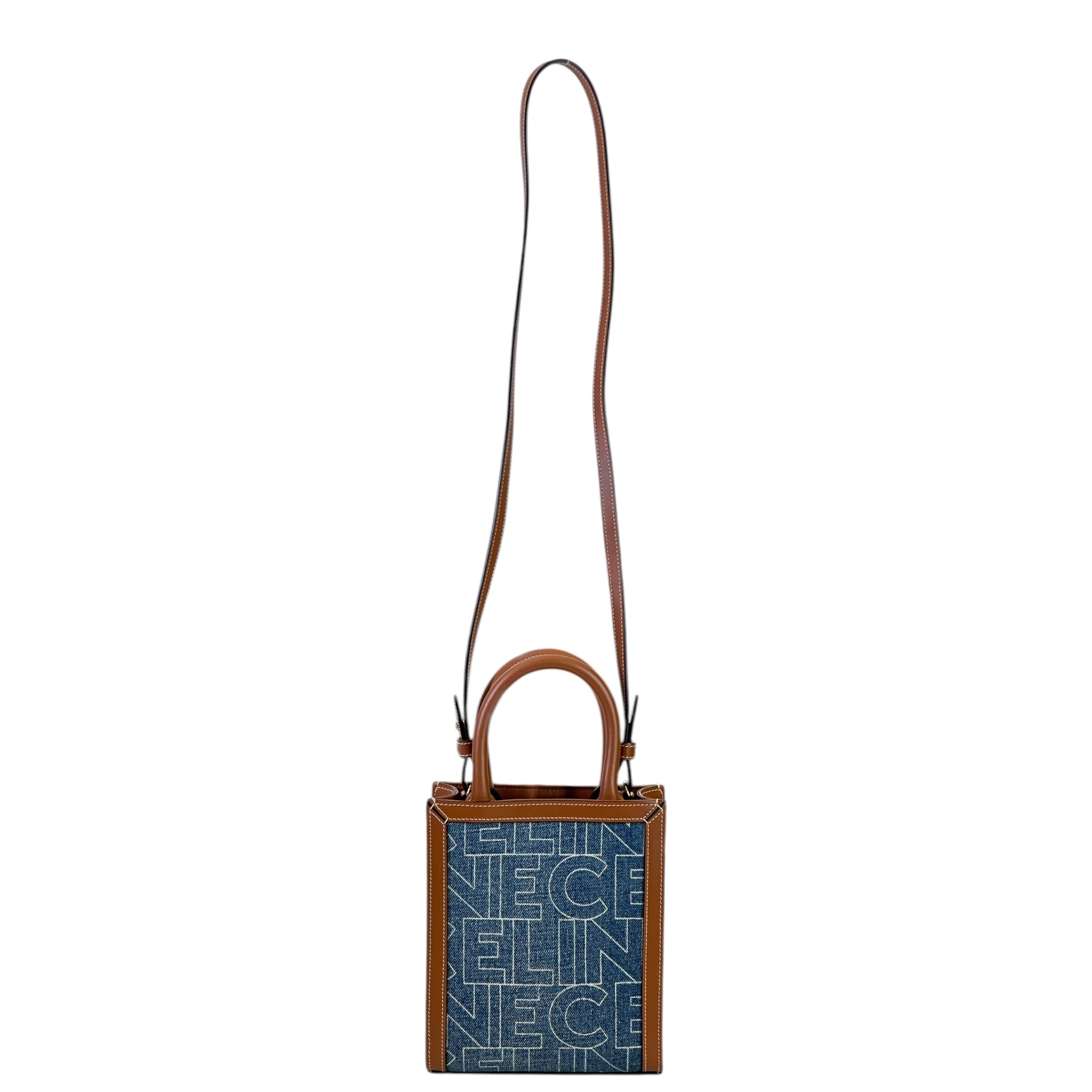 Celine Mini Vertical Cabas Bag Printed Denim Brown Leather