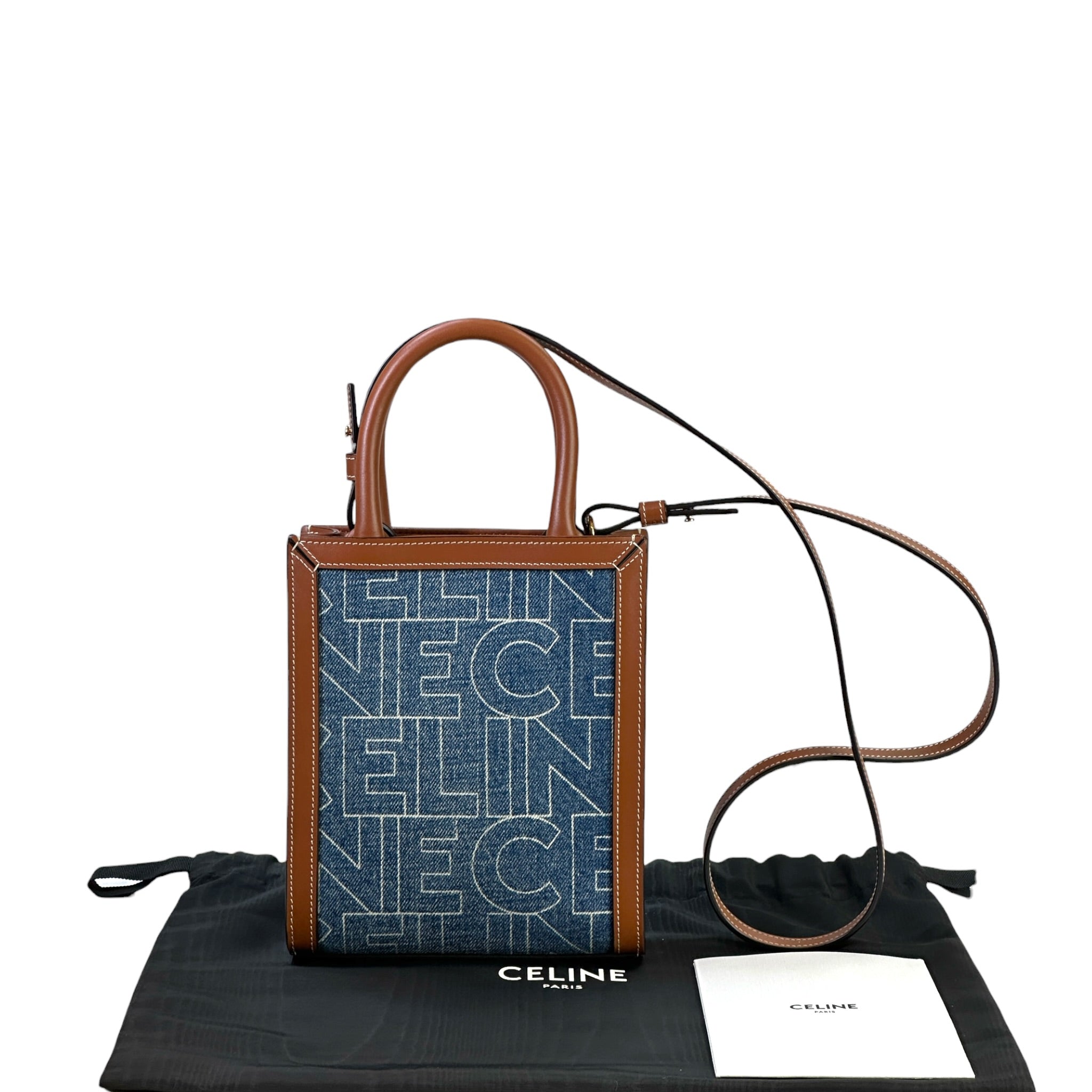 Celine Mini Vertical Cabas Bag Printed Denim Brown Leather