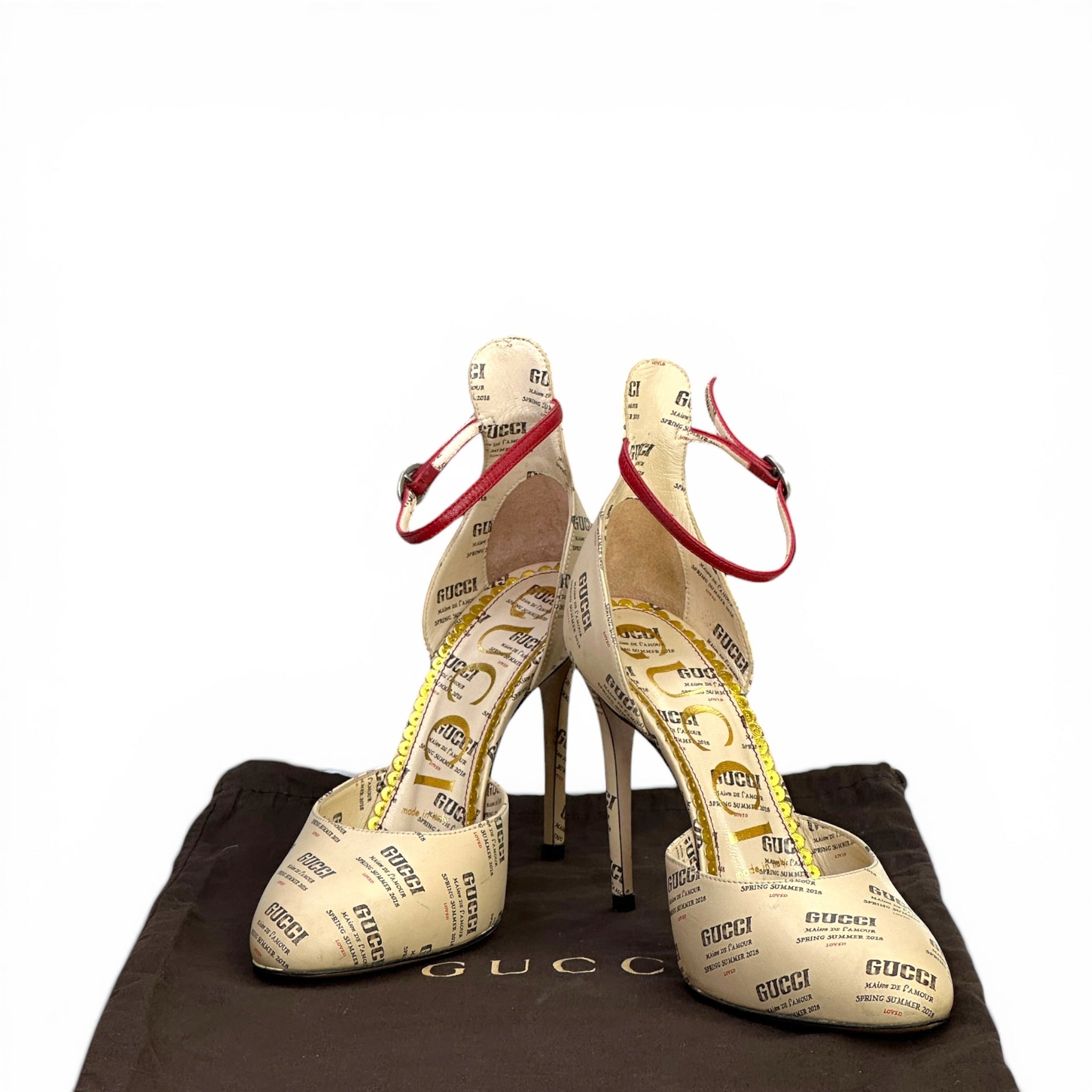 Gucci Daisy Ankle Strap D'orsay Pumps Beige/Red Printed Leather EU 36.5