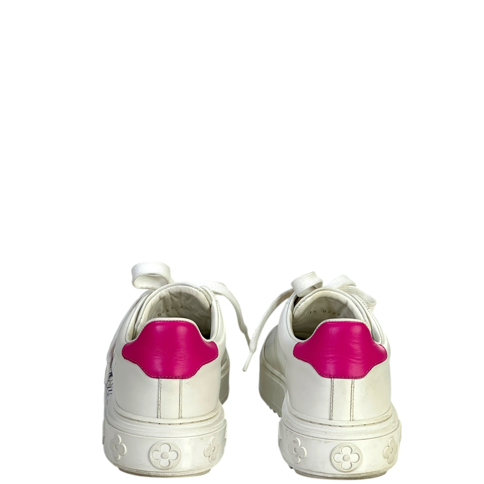 Louis Vuitton Time Out Sneakers White Calf Leather Fuchsia Pink Heel Size 37