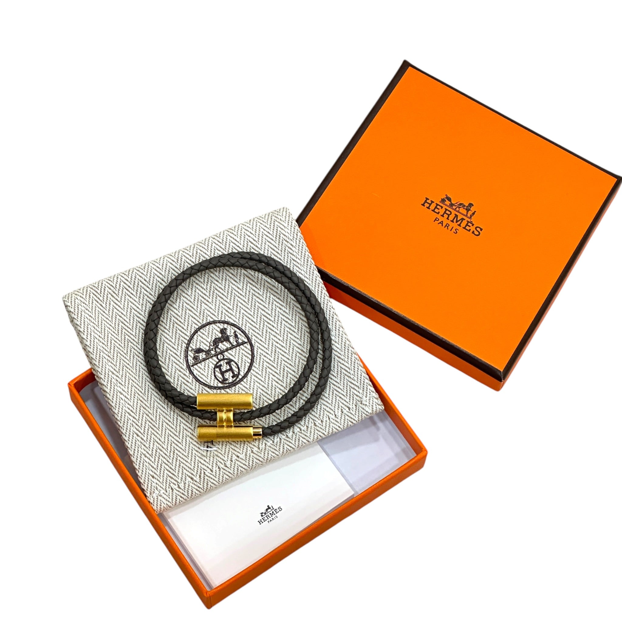 Hermes Tornis Tresse Grey Leather Bracelet