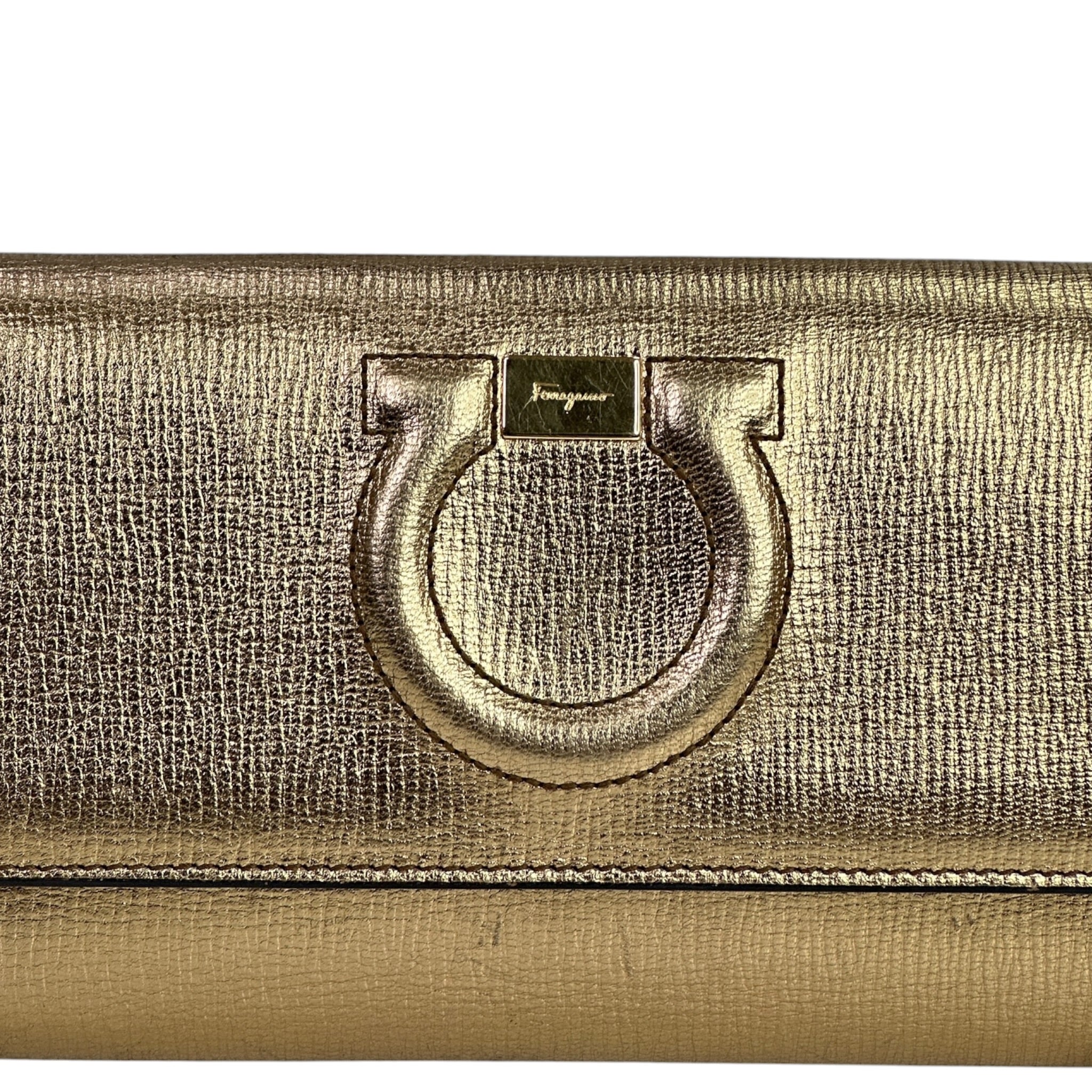 Salvatore Ferragamo Gancini City Wallet On Chain Gold Textured Leather