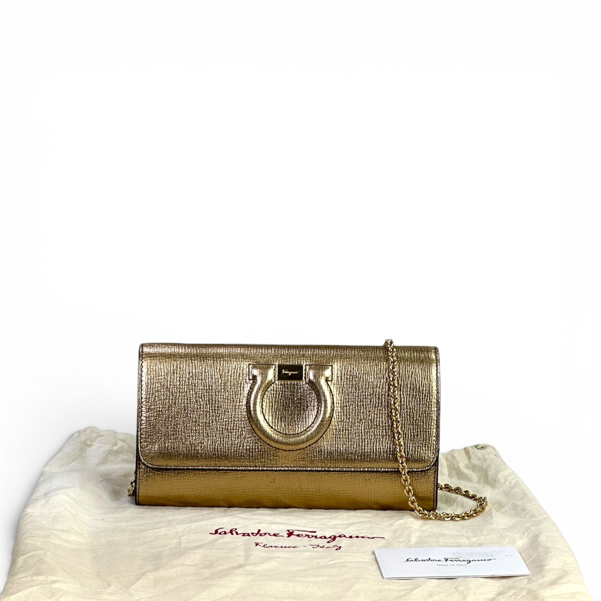 Salvatore Ferragamo Gancini City Wallet On Chain Gold Textured Leather