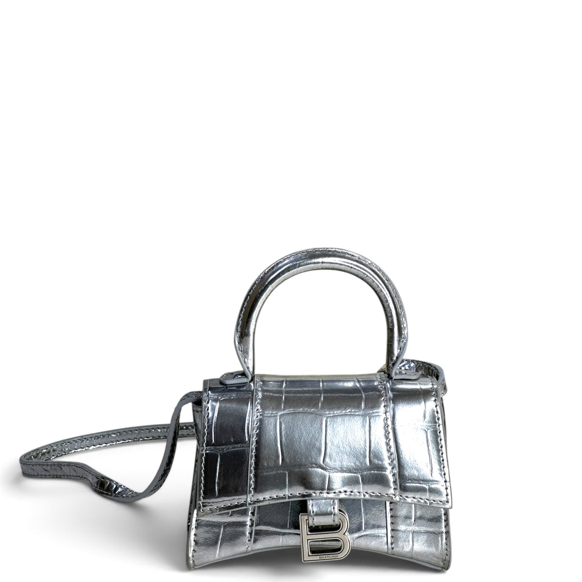 Balenciaga Mettalic Silver Crocodile Embossed Hourglass Mini Shoulder Bag