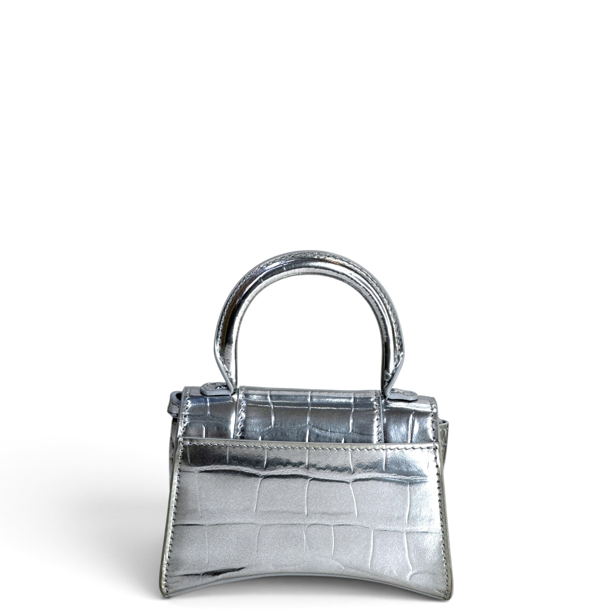 Balenciaga Mettalic Silver Crocodile Embossed Hourglass Mini Shoulder Bag